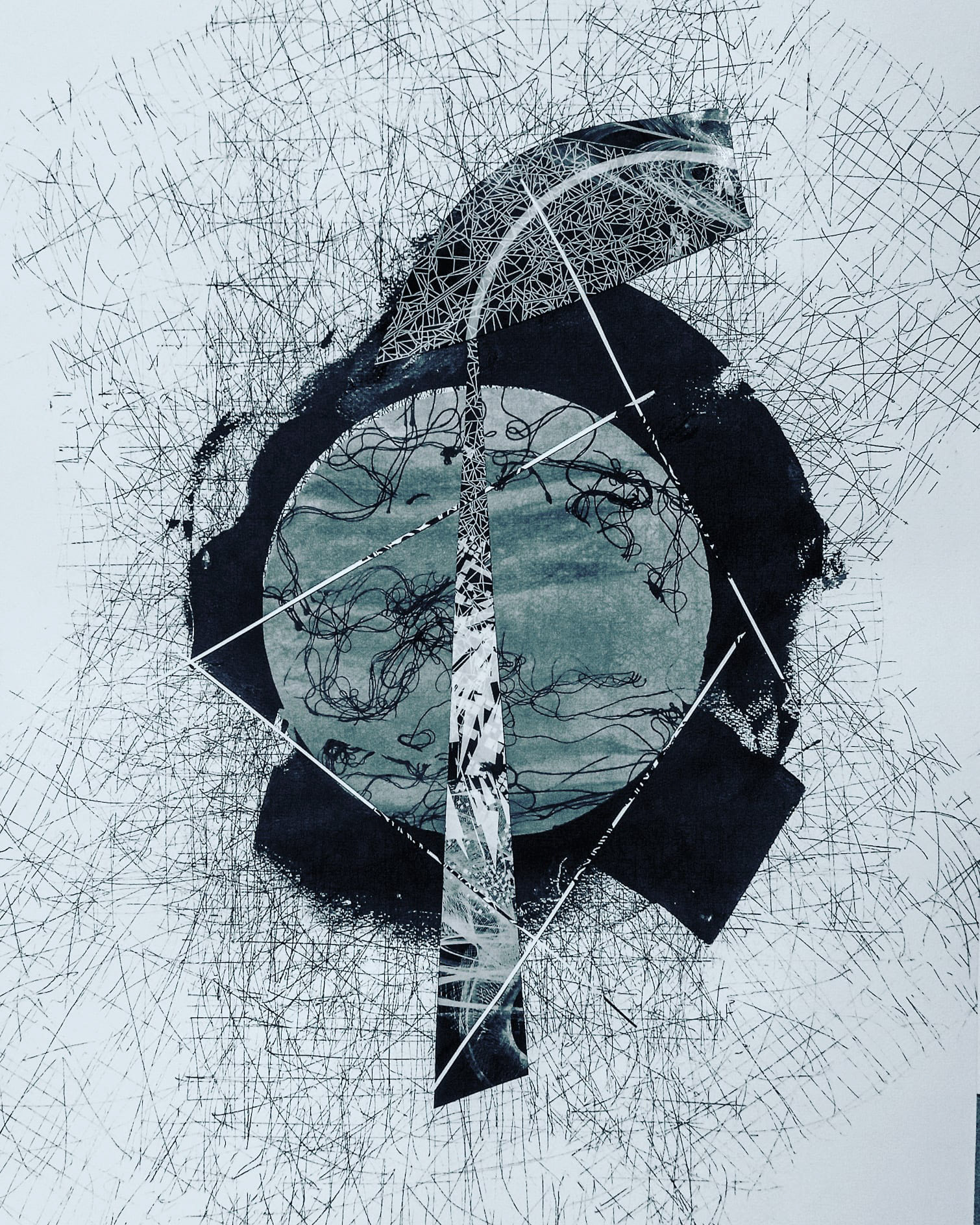 The Moon observed in the Fields of Tragedy. Silscreen monoprints, indian ink brushwork and collaged elements.