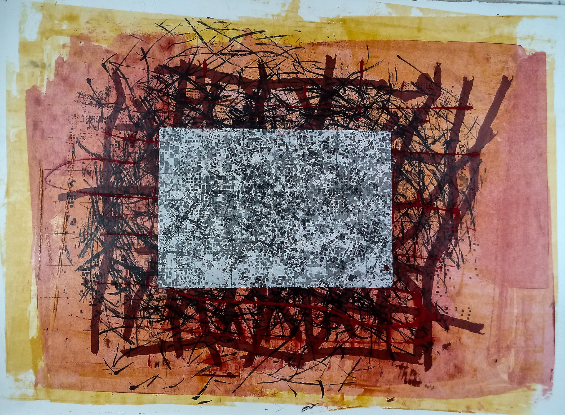 Screenprint monotype with acrylic wash background. 50 x 70 cm Fabriano paper