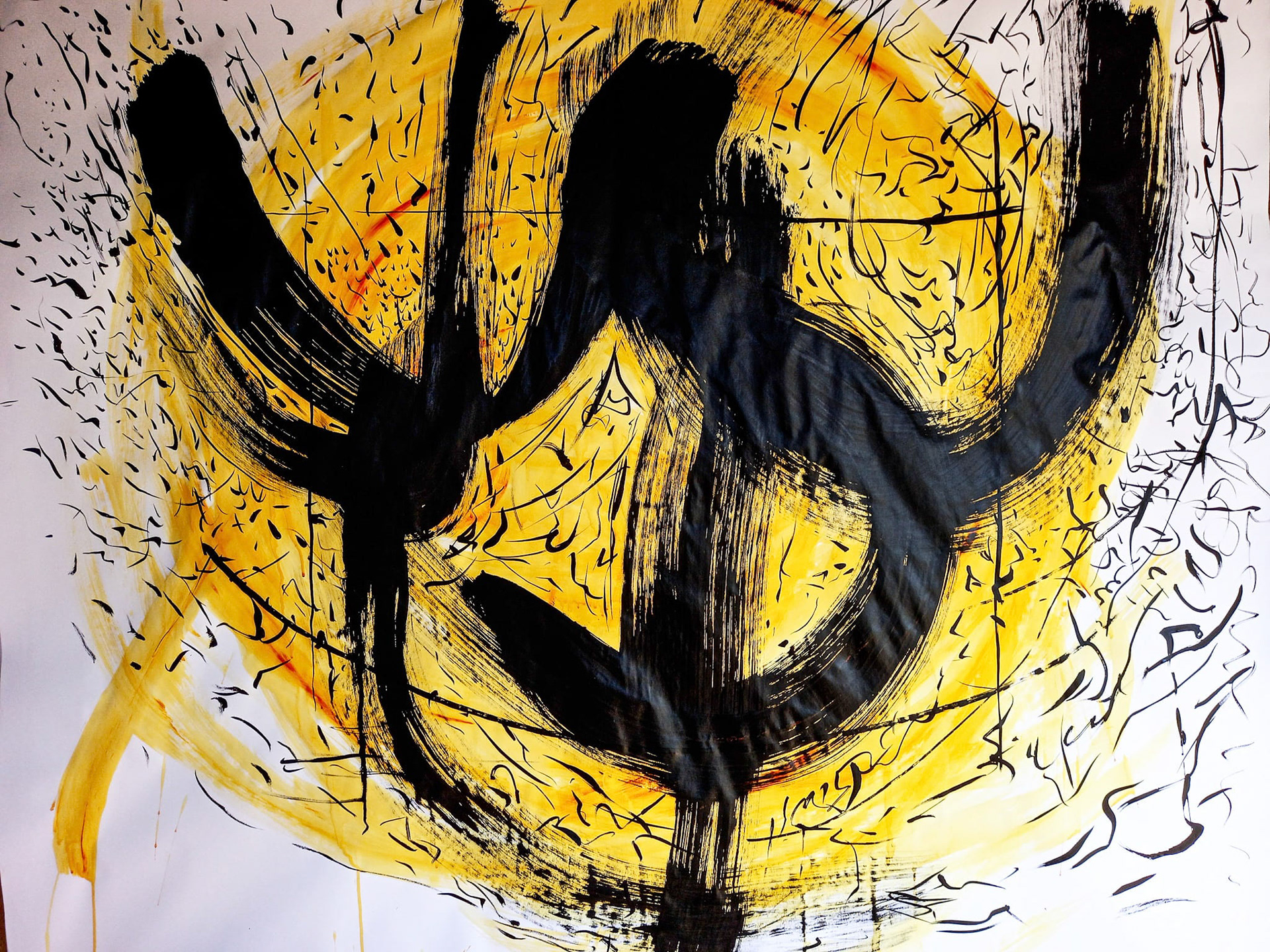 Gesture. An exercise in large brush painting. Acrylic on paper. 200 x 280 cm