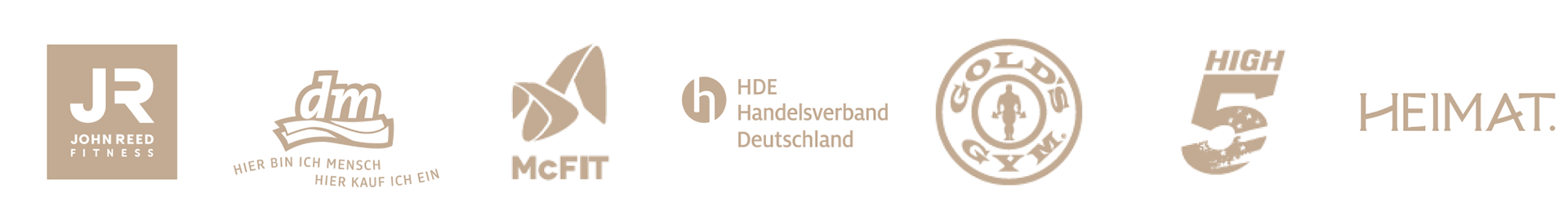 Ausgewählte Kunden und Marken von Isabel Limber – John Reed, dm, McFIT, HDE, Gold's Gym, High5 und Heimat.