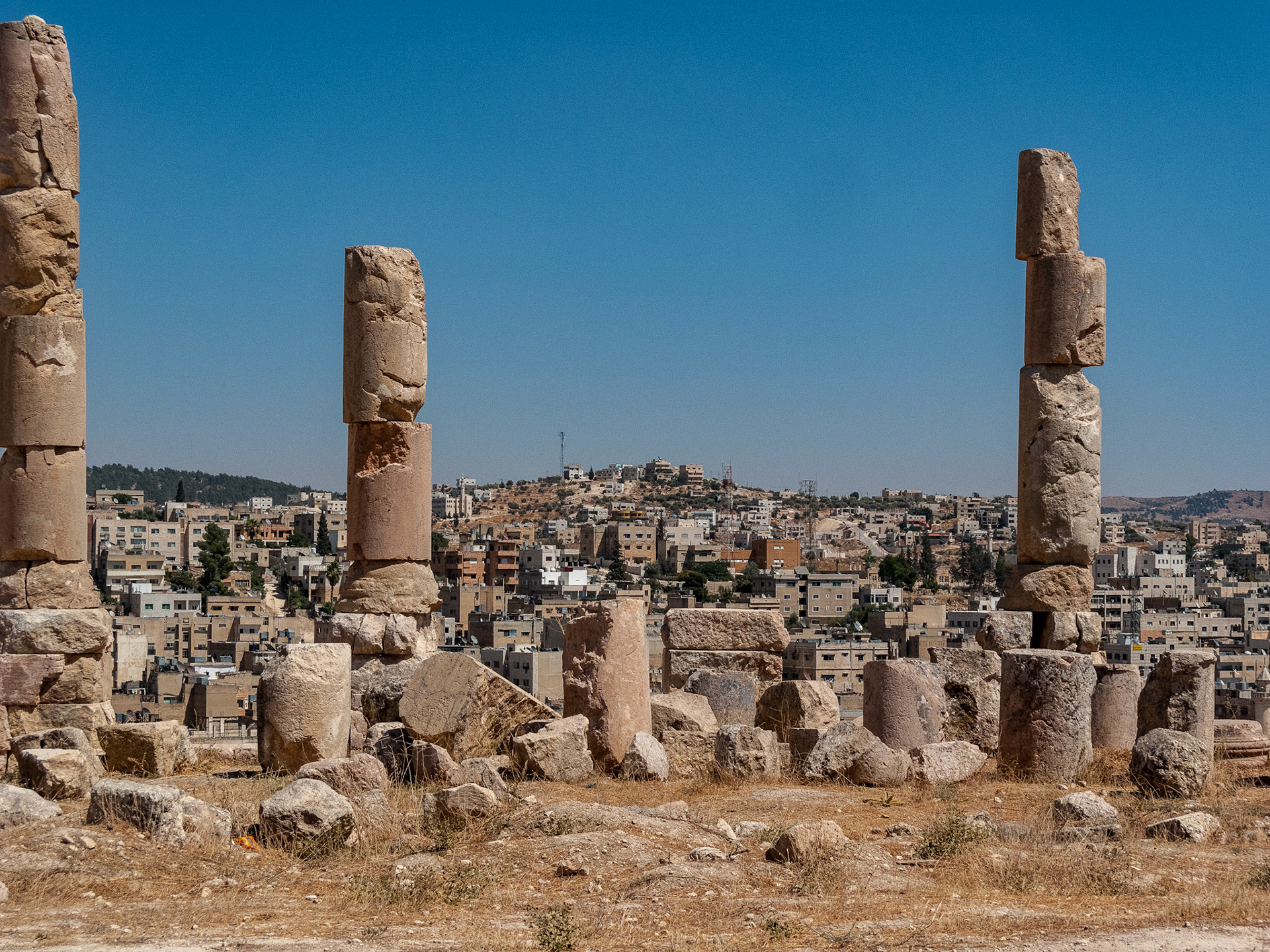 The Roman city of Gerasa, (Jerash).  The New town of Jerash in the background August 2009