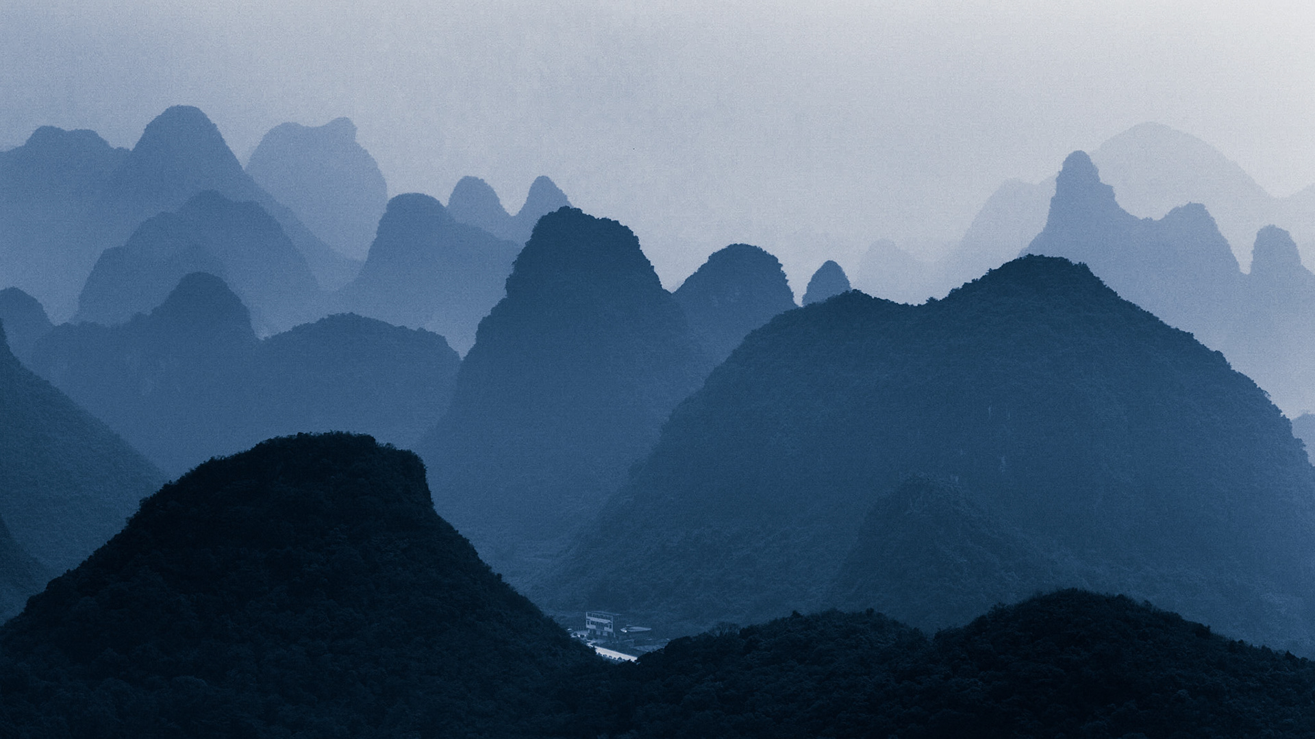The Karst Topography of Guilin in the mist of the fall afternoon.