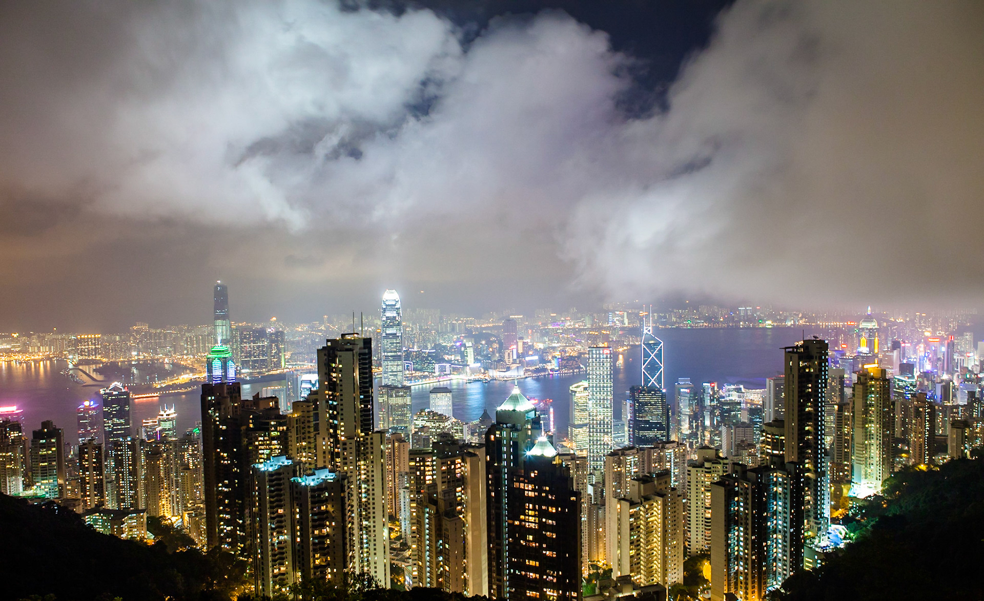 Hong Kong, China.  Night city scape of Hong Kong.