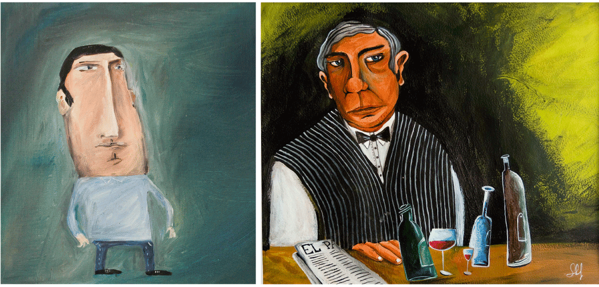 Einsamer Herr und spanisacher Kellner, Öl und Acryl auf Leinwand