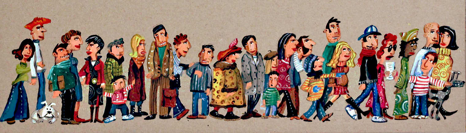 Warteschlange, Acryl auf Karton