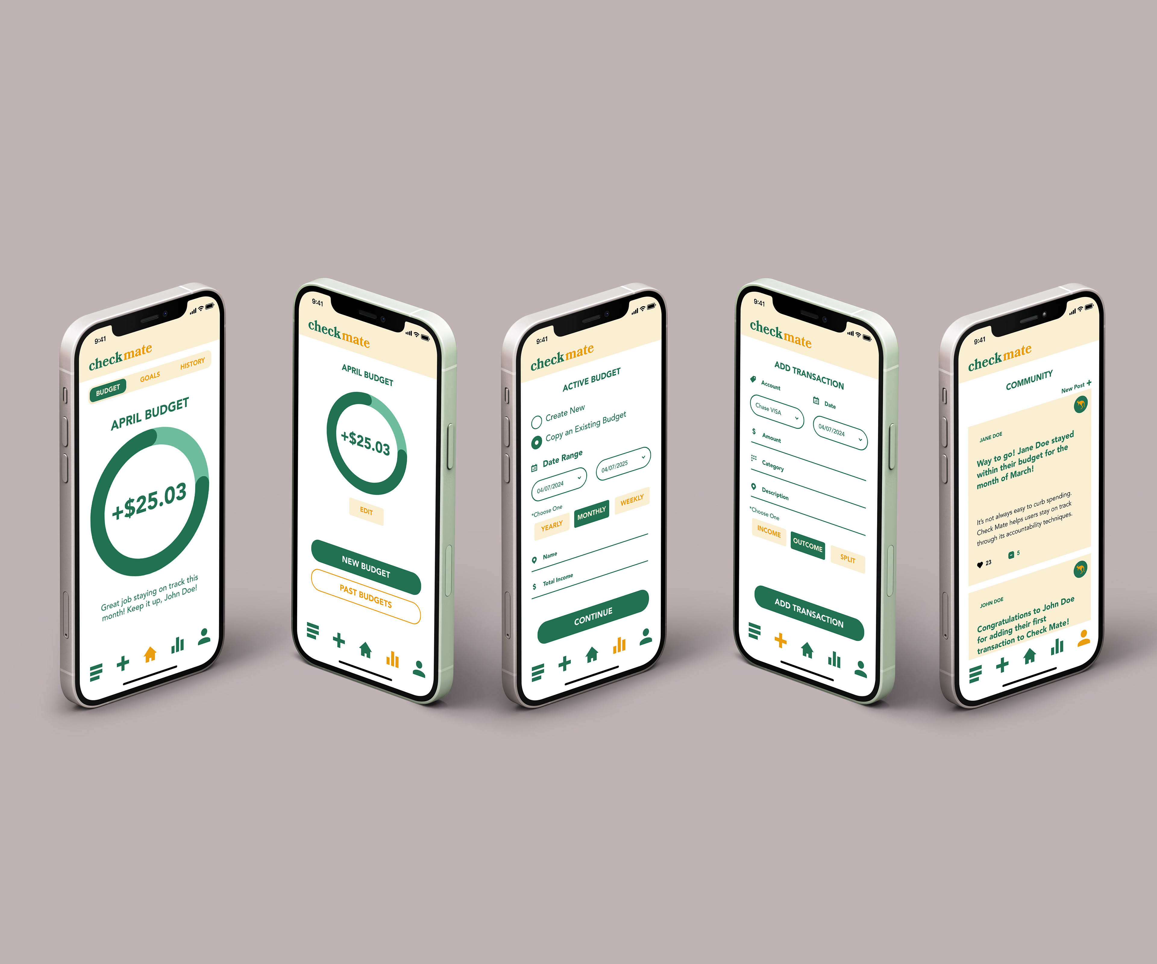 Home, Budget, New Budget, Transaction, and Community Pages