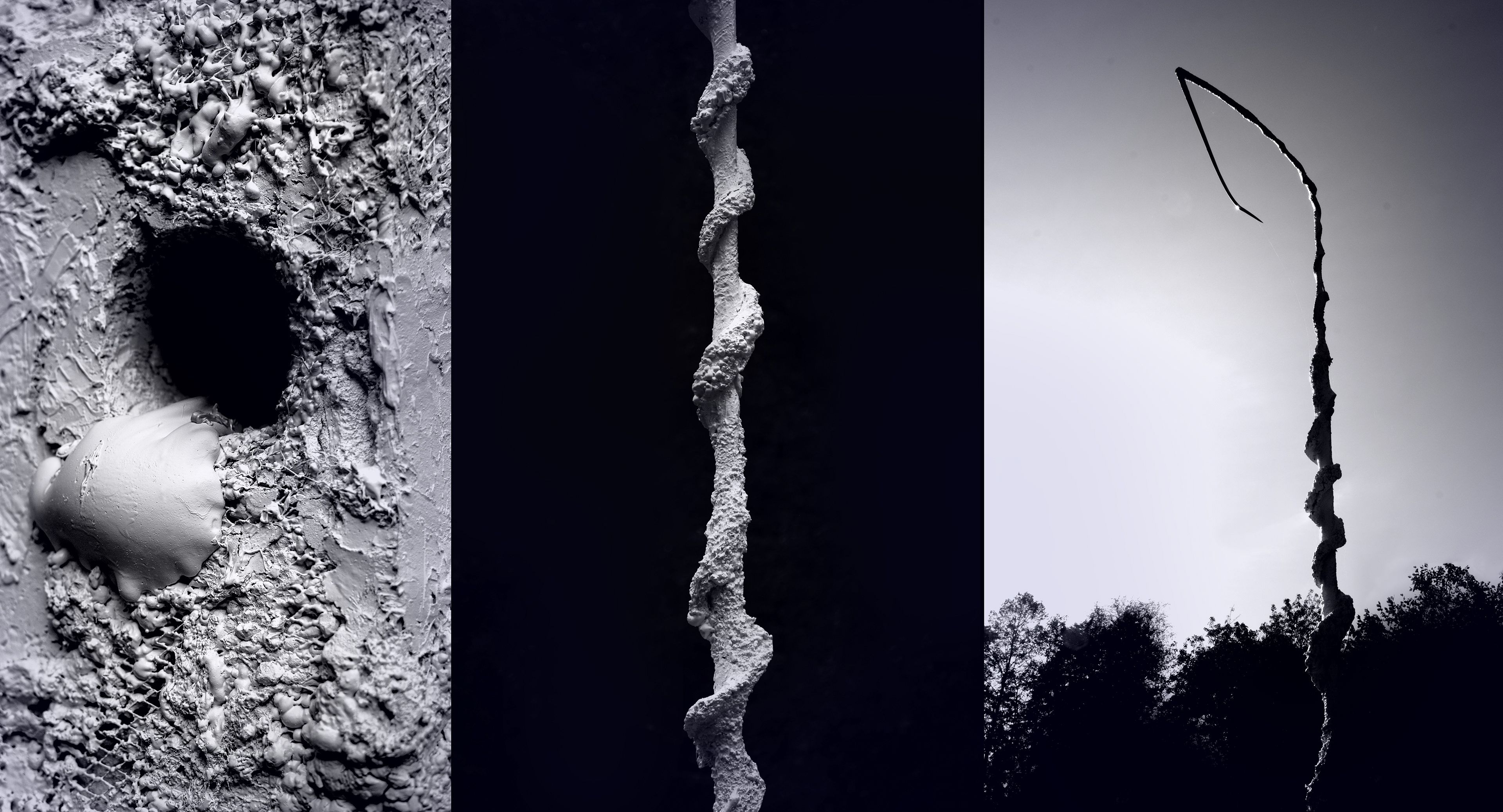 Contemporary sculpture from the Deconstruction of Survival series by Jan Gostyński, Warsaw. Constructed from steel mesh, rods, and profiles, layered with polyurethane foam and epoxy resin. The form appears fragmented and partially eroded, revealing its skeletal metal structure beneath expanding, organic surfaces. Displayed at the Centre of Polish Sculpture in Orońsko, the piece embodies a process of construction, destruction, and reconstruction, creating a raw, transitional figure that evokes both biological growth and architectural ruin. Keywords: contemporary sculpture, Jan Gostyński, Warsaw.