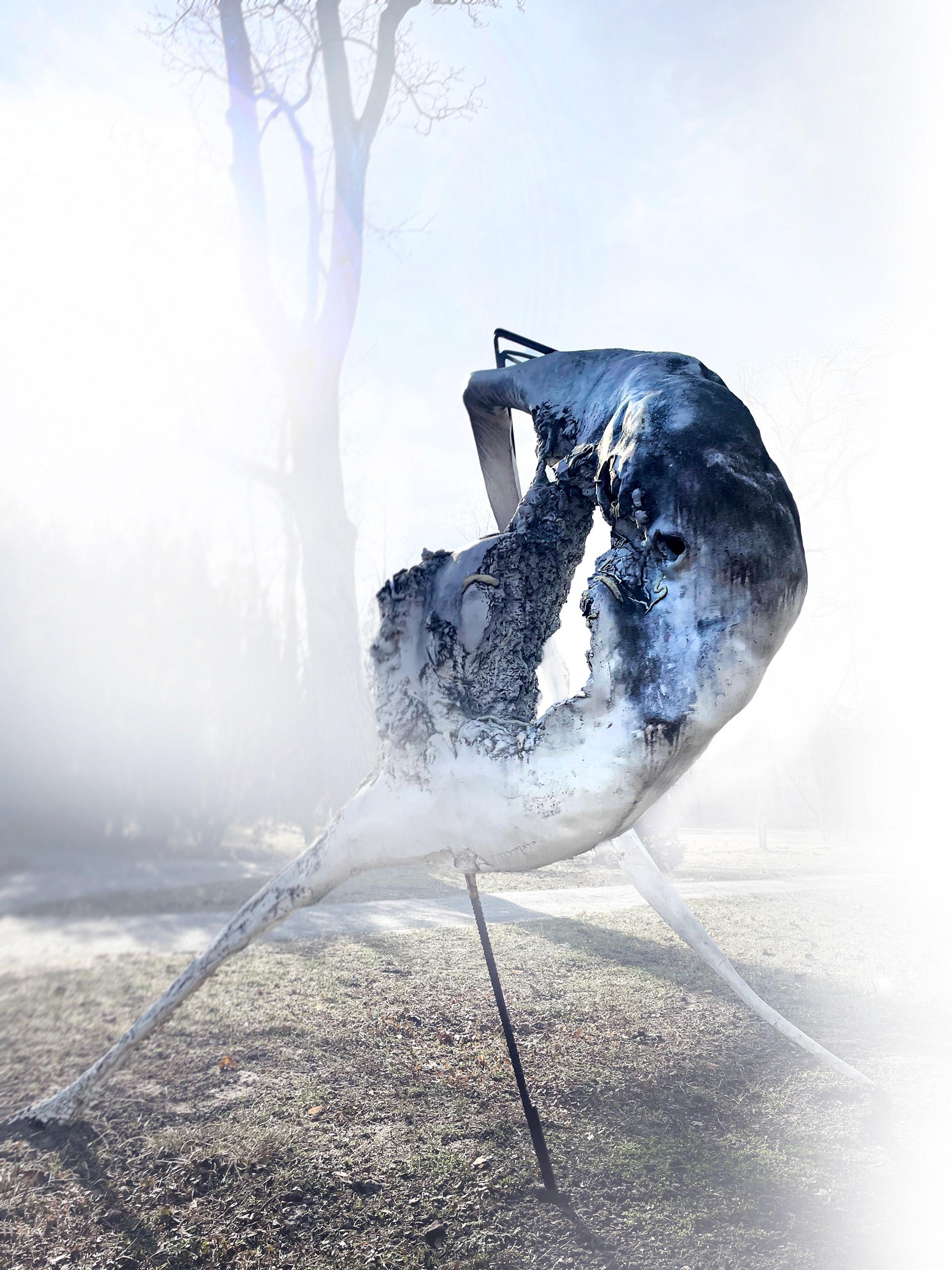 Large-scale sculpture from the Non–Humans series by Jan Gostyński, cast in bronze and aluminum with structural steel elements. The work takes the form of a hybrid, biomorphic figure with an irregular, expanding surface that evokes both organic growth and eroded matter. Shown outdoors at the Museum of King Jan III’s Palace at Wilanów, the sculpture stands in visual dialogue with the surrounding historical architecture and landscaped gardens, emphasizing the contrast between its contemporary, fragmented form and the classical setting.