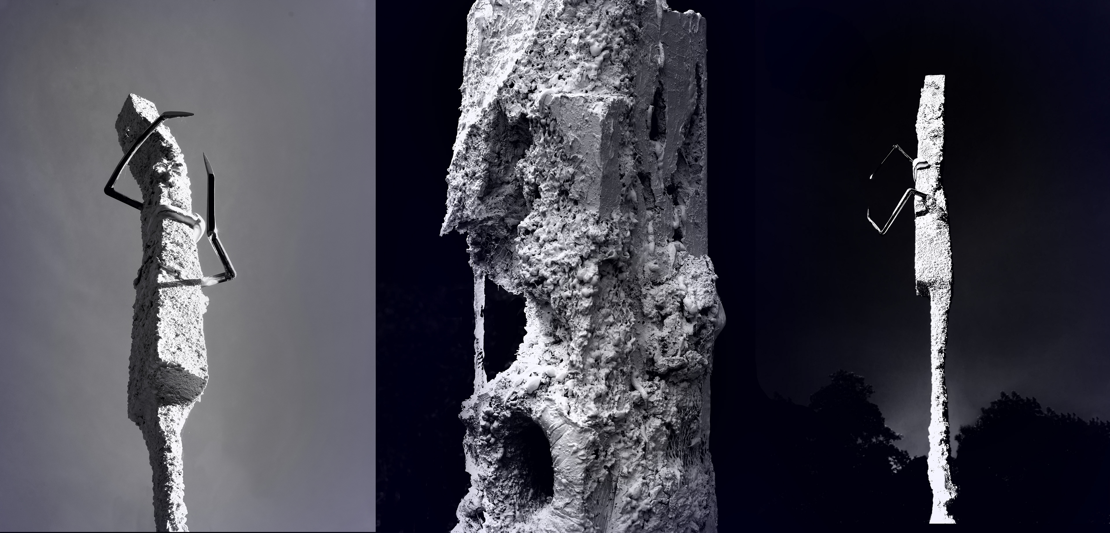 Contemporary sculpture from the Deconstruction of Survival series by Jan Gostyński, Warsaw. Constructed from steel mesh, rods, and profiles, layered with polyurethane foam and epoxy resin. The form appears fragmented and partially eroded, revealing its skeletal metal structure beneath expanding, organic surfaces. Displayed at the Centre of Polish Sculpture in Orońsko, the piece embodies a process of construction, destruction, and reconstruction, creating a raw, transitional figure that evokes both biological growth and architectural ruin. Keywords: contemporary sculpture, Jan Gostyński, Warsaw.