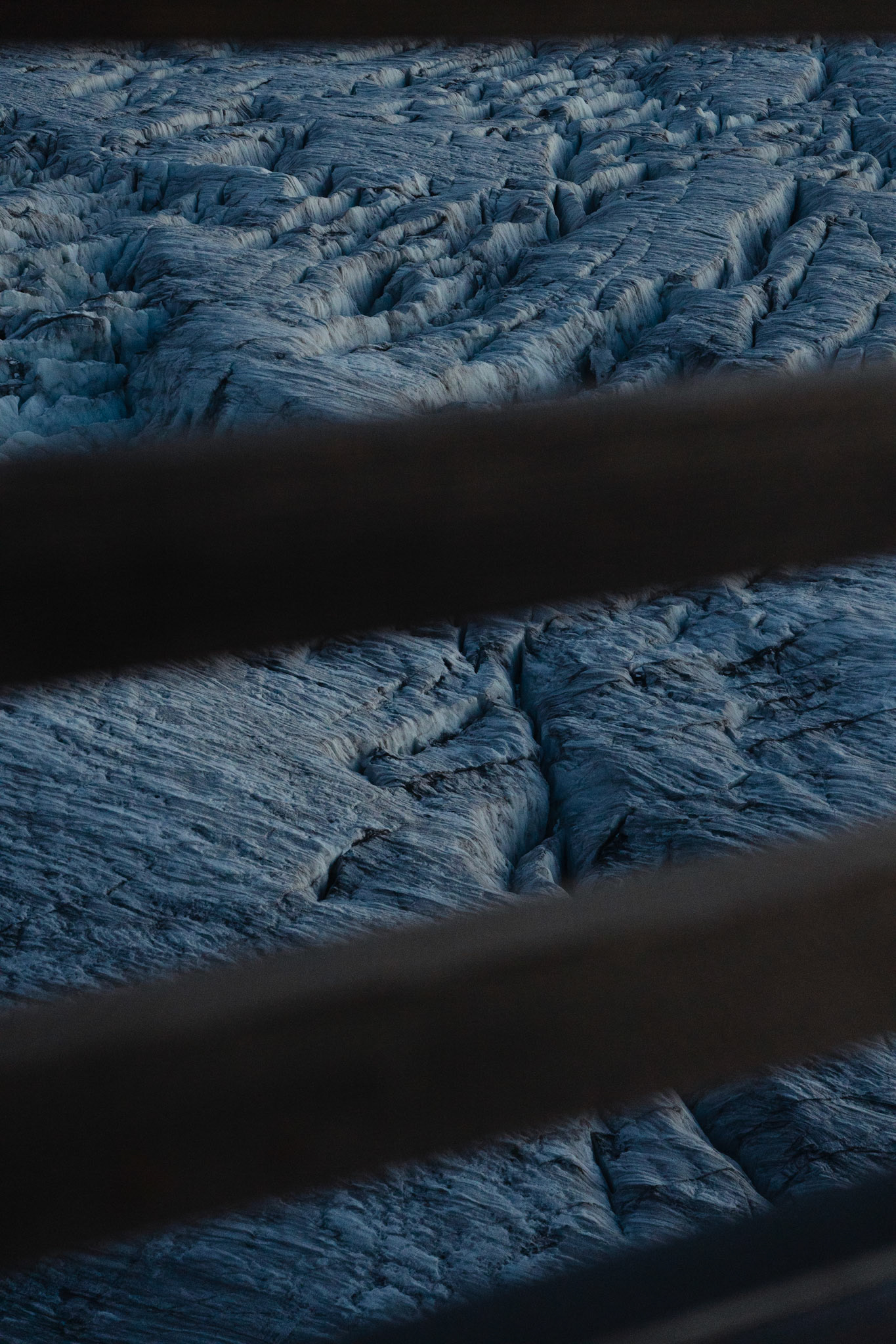 Glacier du Tour through the porch fence of the Albert Premiere Hut