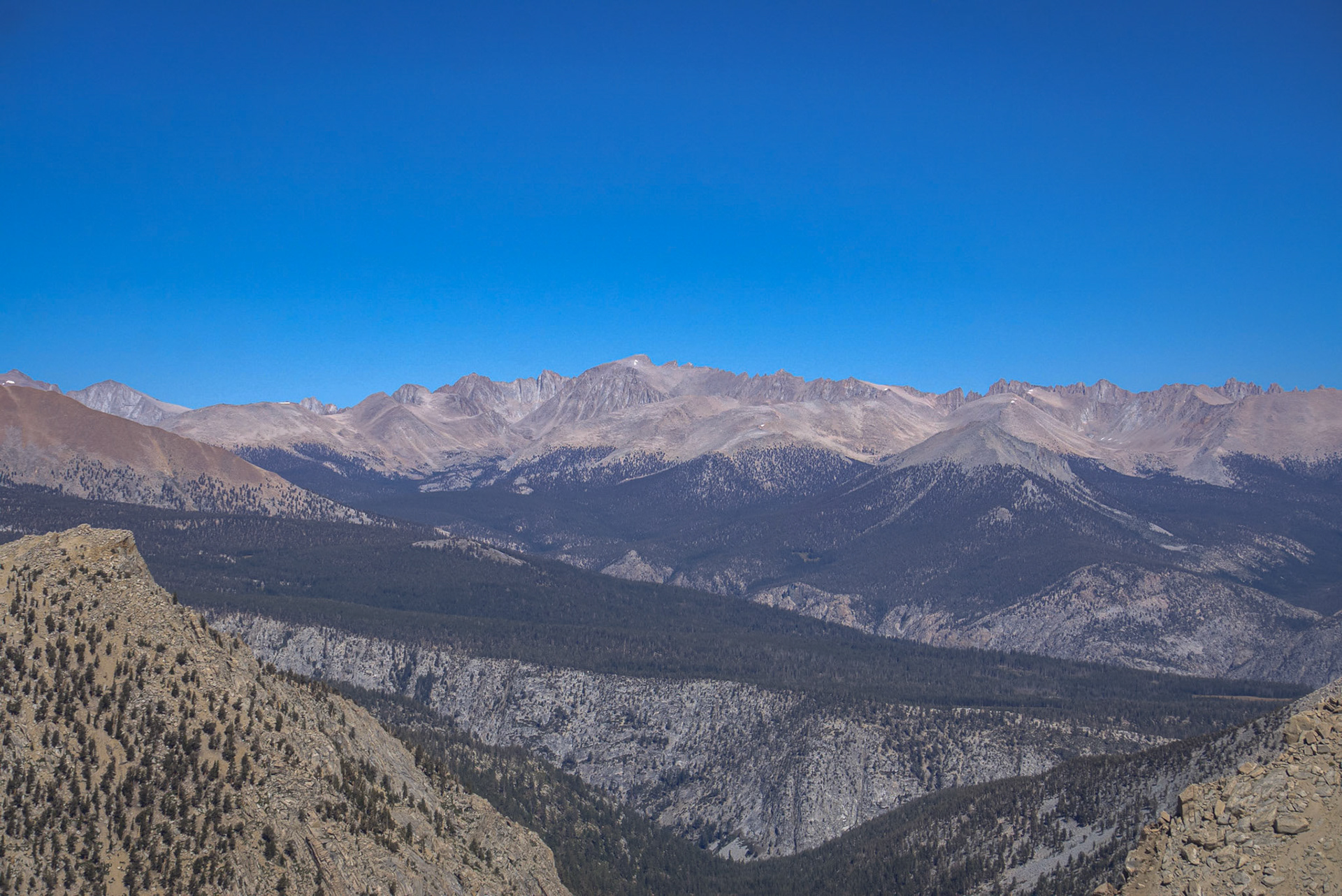 The Sierra Crest, Mt. Whitney, and the Kern Canyon as seen from Franklin Pass