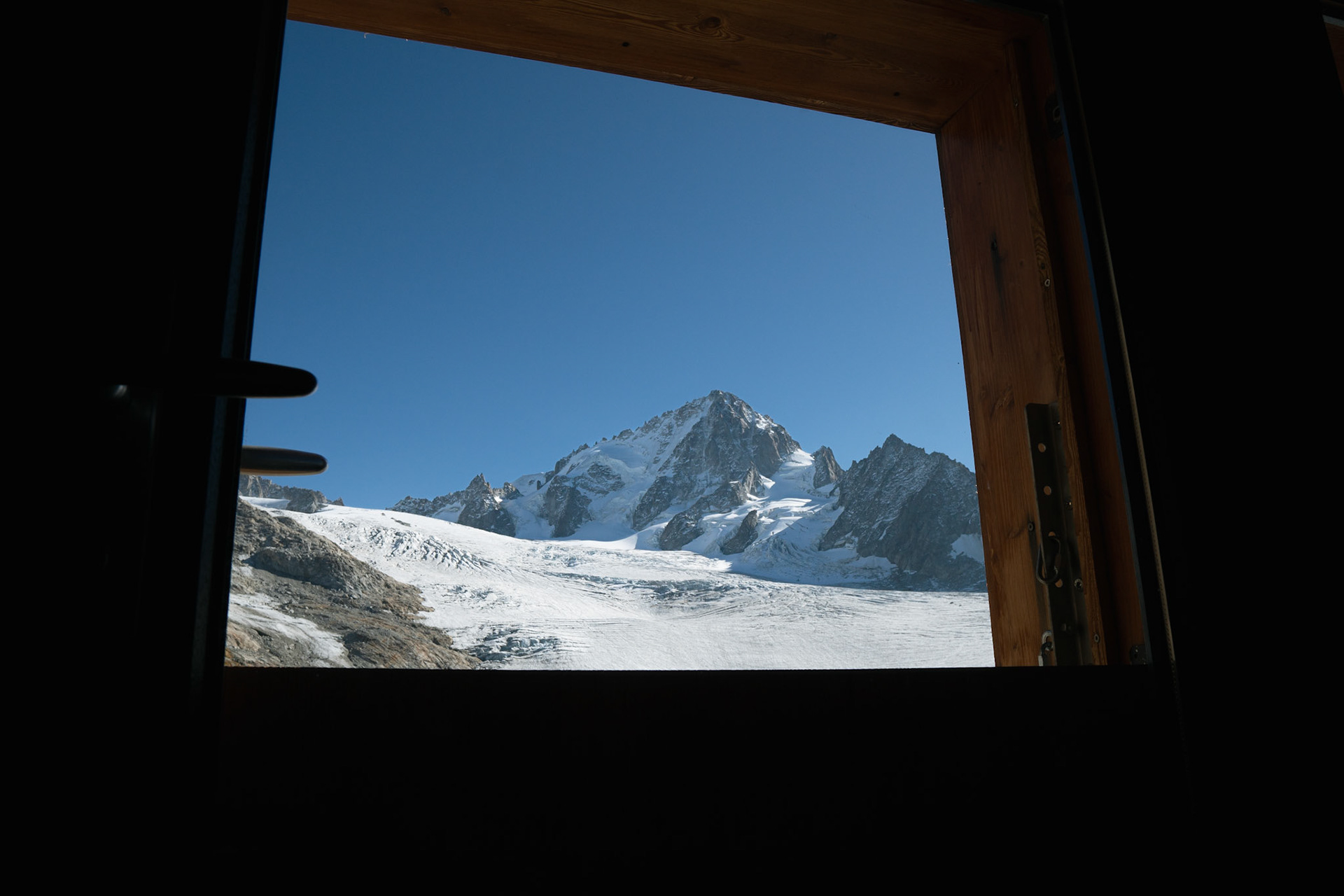 Aiguille du Chardonnet from the  Albert Premiere Hut bedroom windo