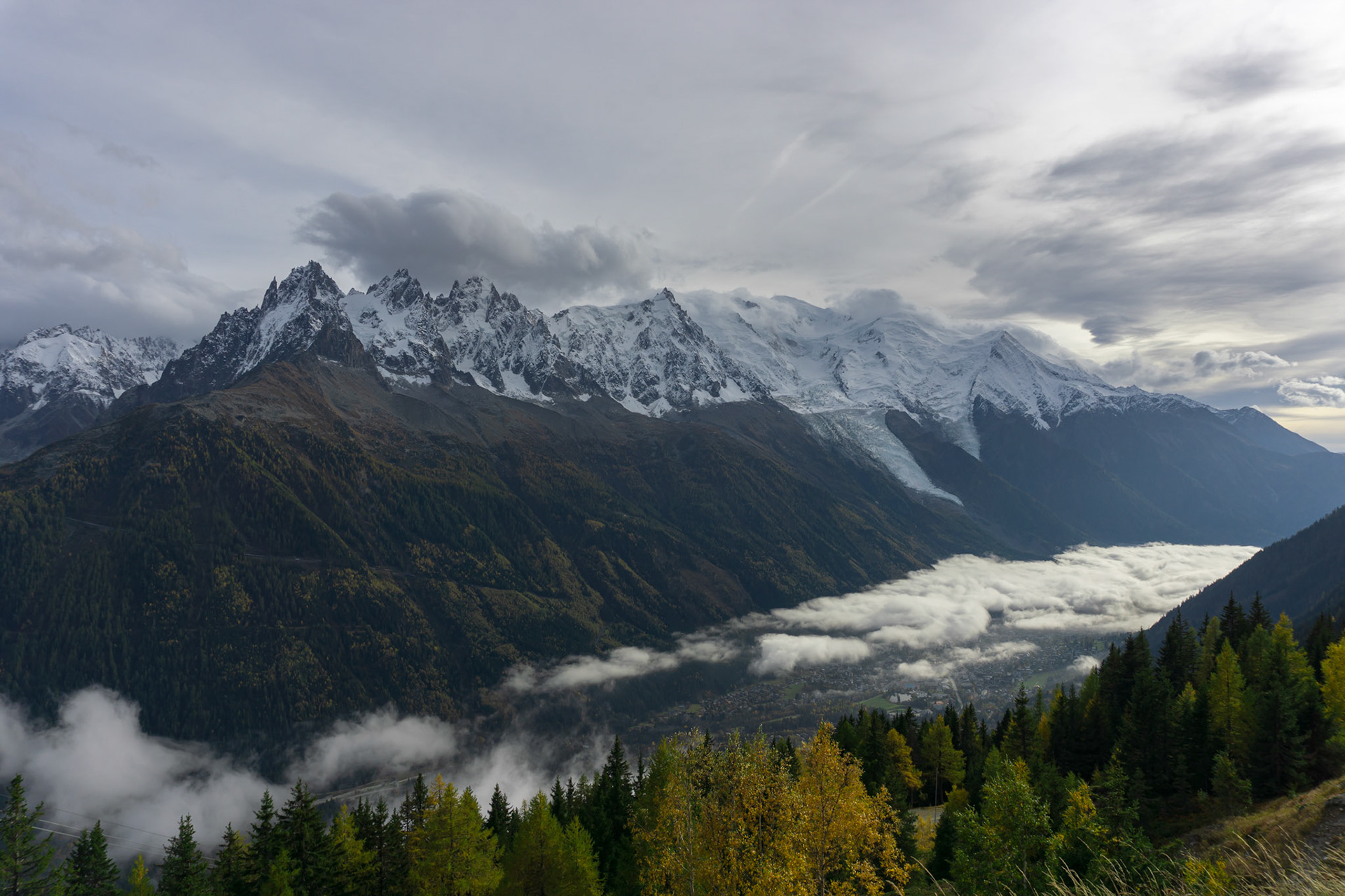 Looking down into the Chamonix valley and the Mont Blanc