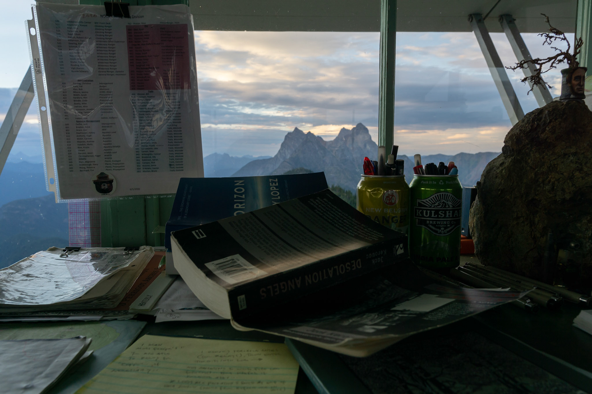 Inside Desolation Lookout. When Jack Kerouac lived here the desk faced to the south, but now the desk faces north to Hozomeen