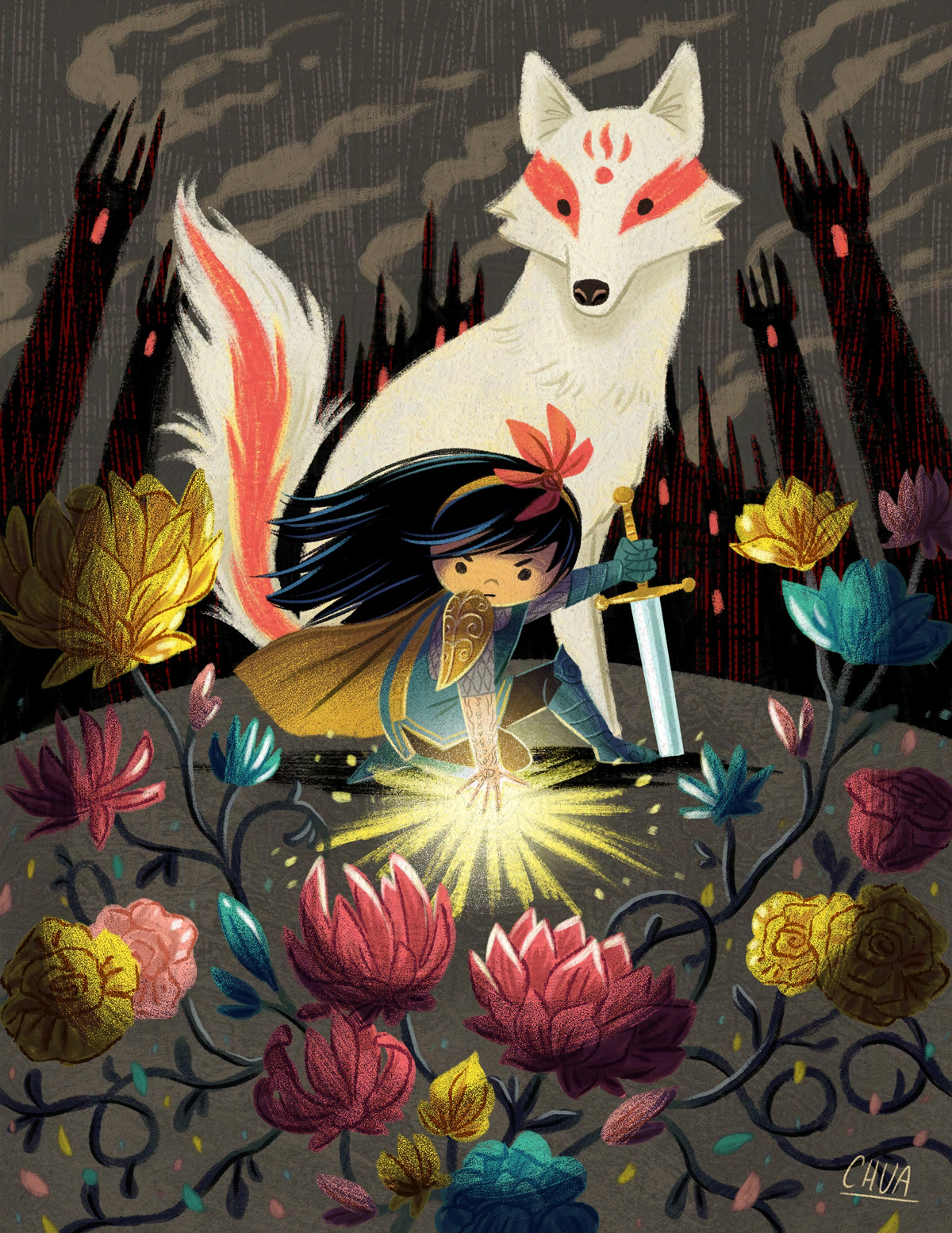 Illustration of a girl and her white wolf companion. The girl holds a sword and kneels on the ground. Her other hand glows as it touches the ground. Flowers sprout from her magic. The background features foreboding black towers.