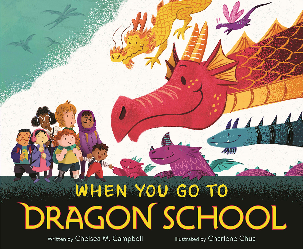 illustration of dragons and children on the cover of When You Go To Dragon School