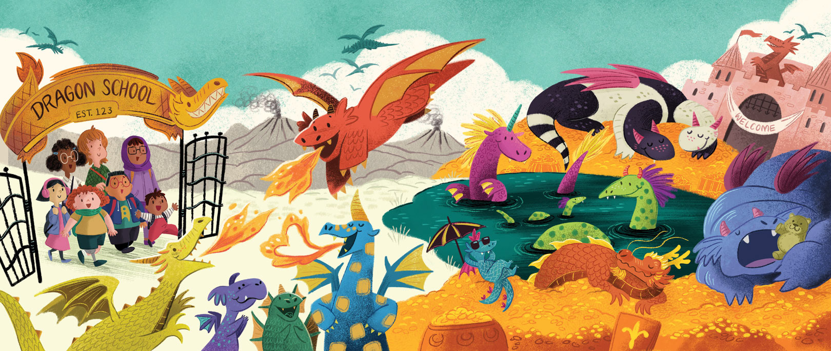 Illustration of children walking through a gate with the word Dragon School. In front of them are many dragons of different shapes and sizes.
