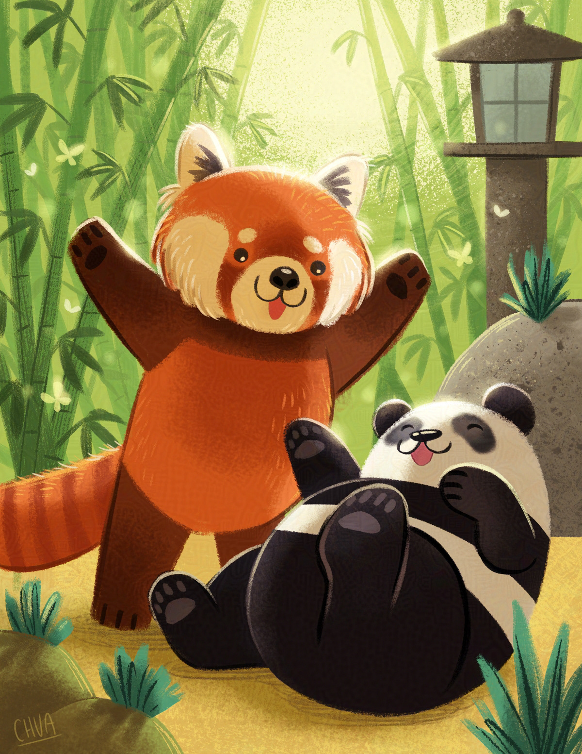 Illustration of a baby red panda playing with a baby giant panda in a bamboo forest