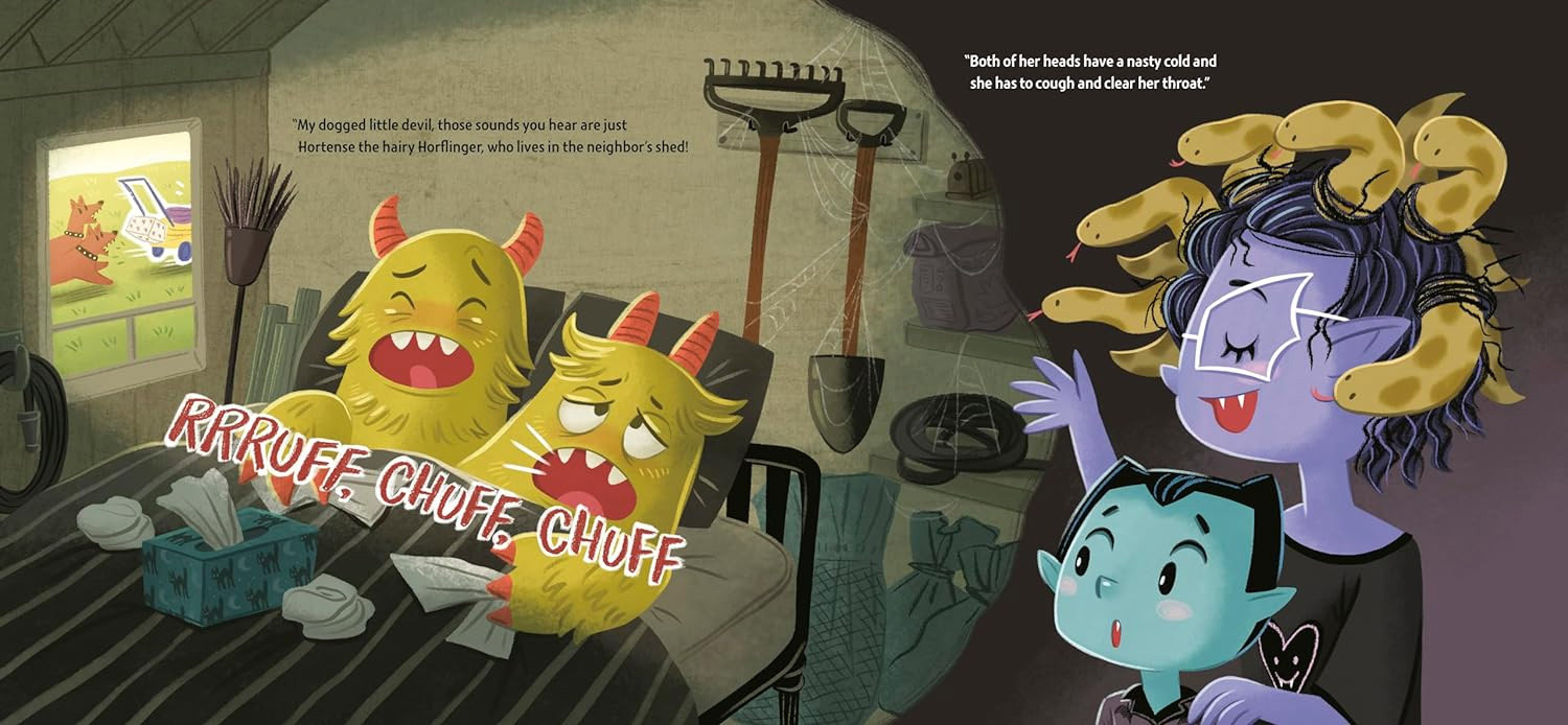 illustration of two headed monster coughing and sneezing in bed, while vampire boy and his mother are off to the side