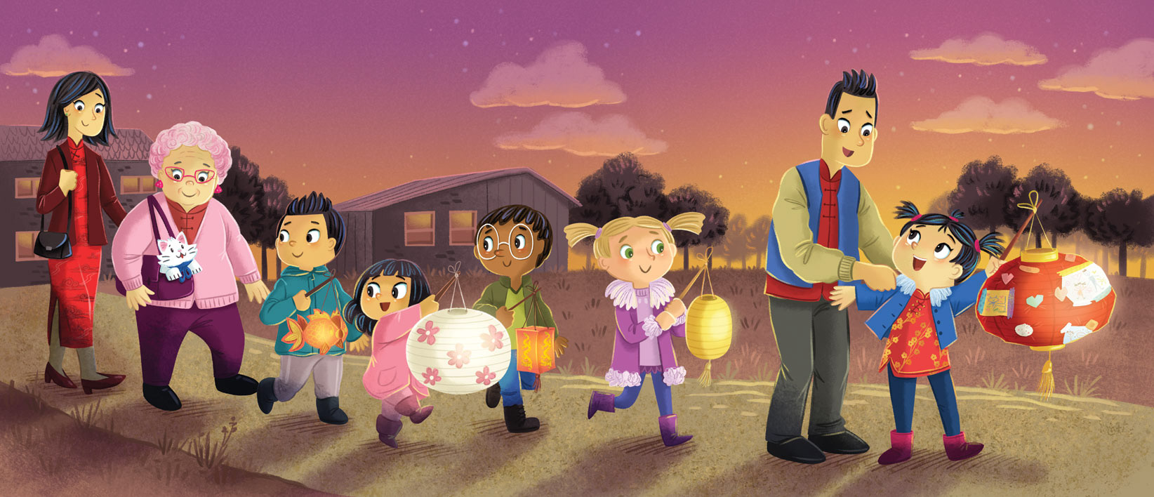 illustration of chinese family and friends walking with colorful lanterns outside at dusk