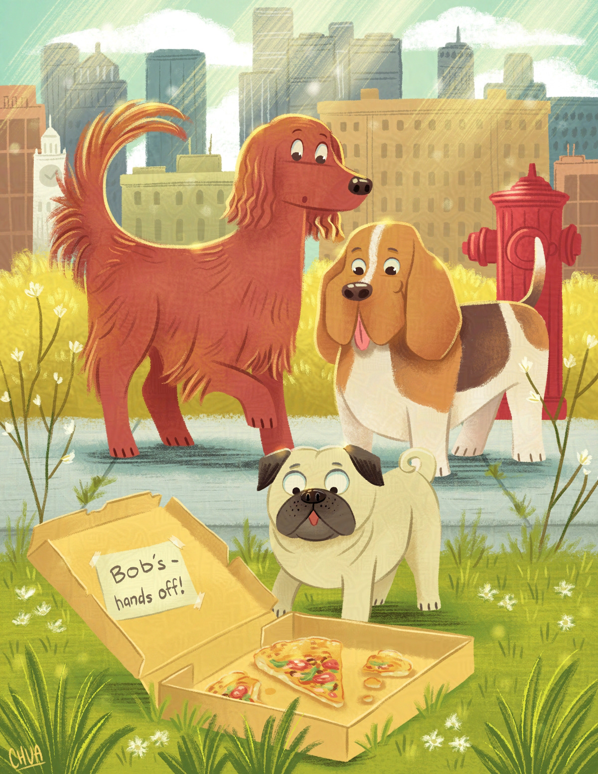 3 dogs look curiously at a partly eaten pizza left in a city park 