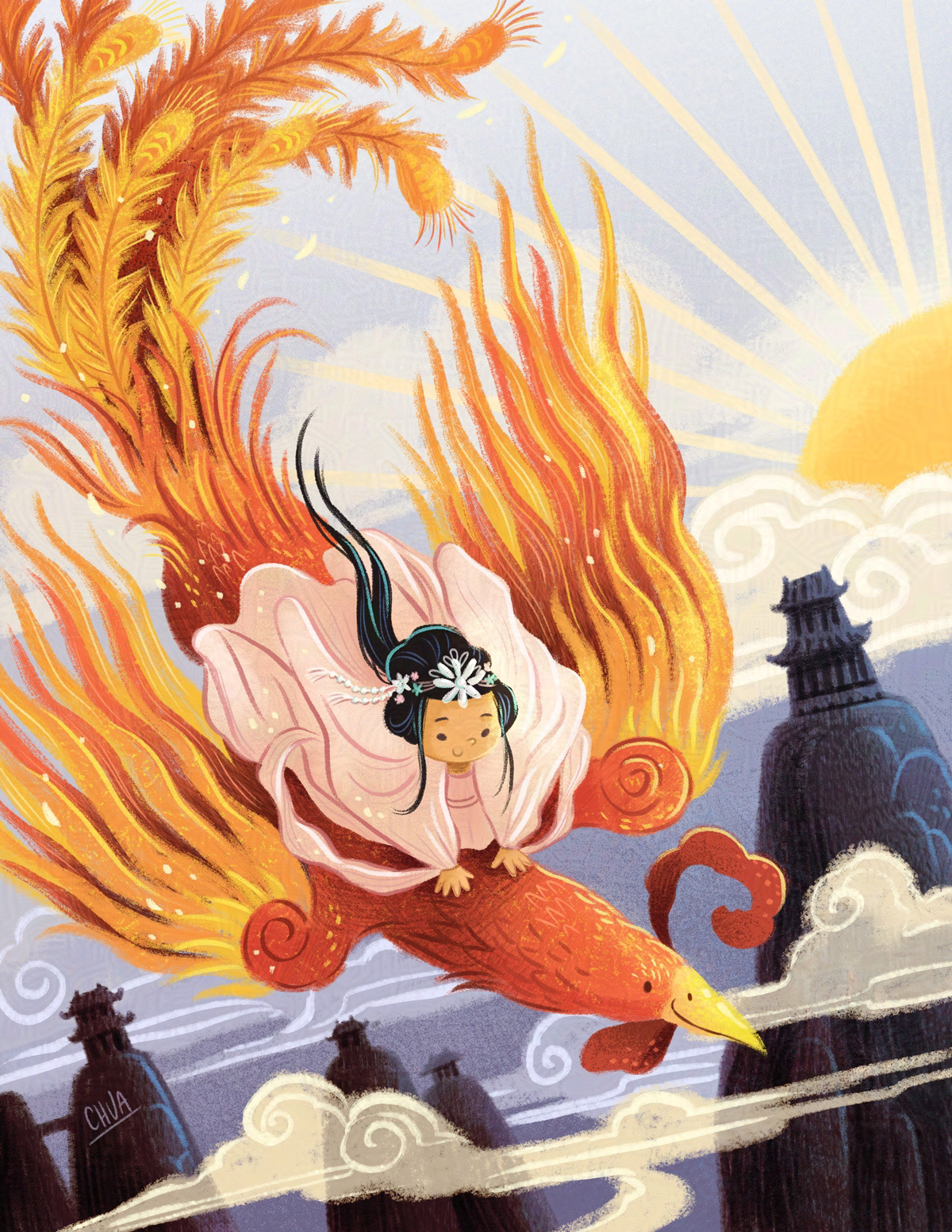 A girl dressed as an ancient Chinese princess rides atop a red and yellow phoenix. In the background are cloudy mountains with temples.