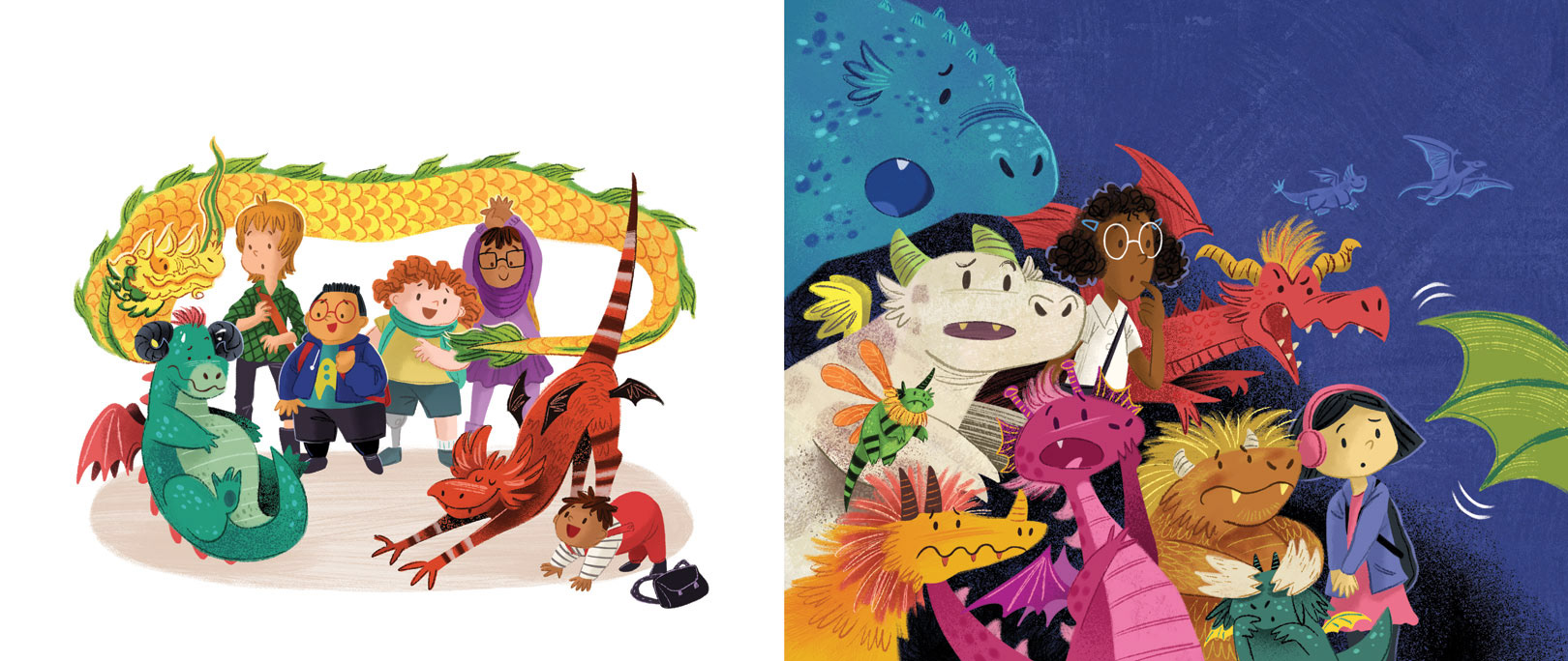 Left side illustration shows children and dragons doing exercises. Right side shows children and dragons looking concerned at a waving dragon wing.