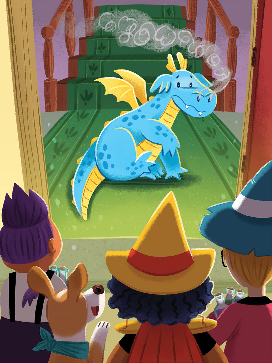Illustration of a worried blue dragon sitting in a doorway on a green rug while children outside stare at it