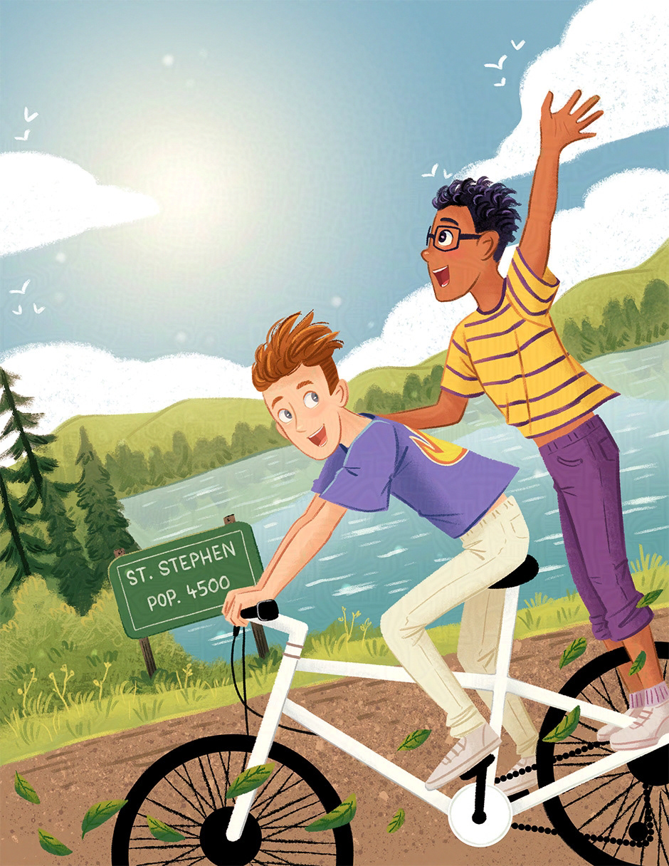 Test art for a made-up middle grade novel called Summer in St. Stephen. Two teenage boys on a bicycle in a forested countryside with a lake and clear skies. One boy is white and has brown hair. The other boy has brown skin, dark hair and glasses.
