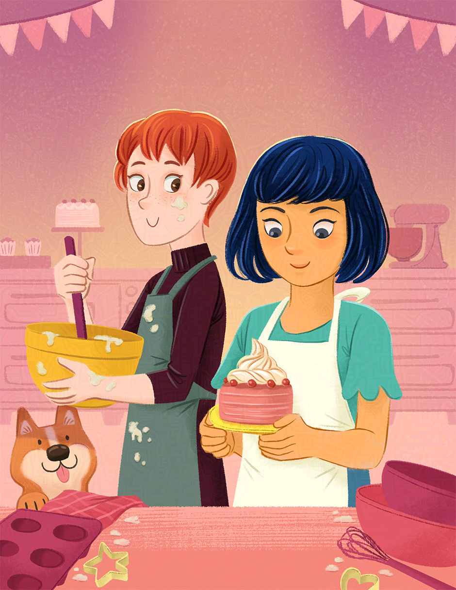 Test art for a made-up middle grade novel cover called The Baking Diaries. Two teen girls in a kitchen. One is white skin with short orange hair, and holds a yellow mixing bowl. The other is East Asian with a black bob, and holds a small pink cake. A corgi and various baking equipment are in the scene.