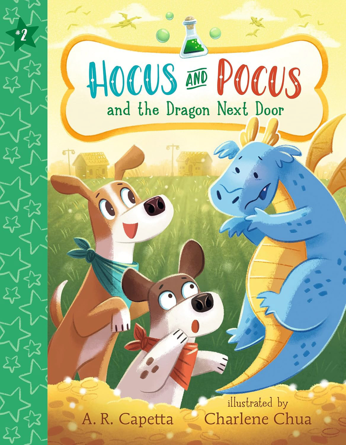 illustration of two cute puppies looking at a worried blue dragon. title reads Hocus and Pocus and the Dragon Next Door