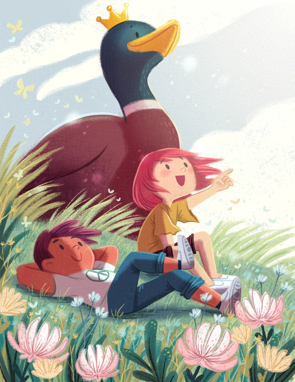 Illustration of a couple of kids sitting in a field of grass. It is a warm summer day. Behind them is a large duck with a crown on its head.