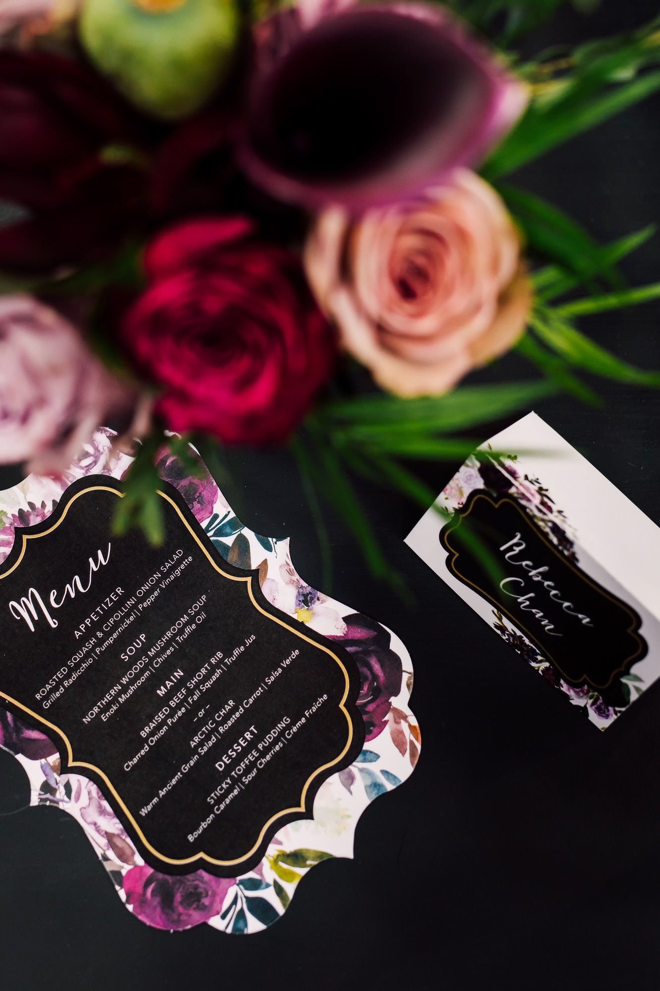 A closer look at the diecut menus and tented place cards that pop at each place setting
