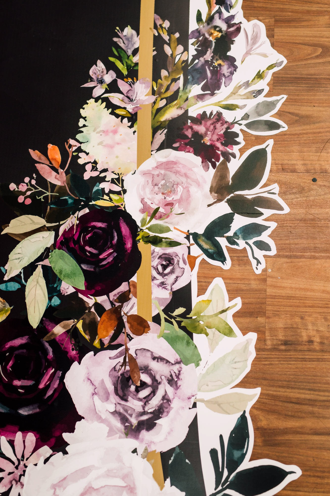 A closer look at the floral arrangement edging the bold floor vinyl