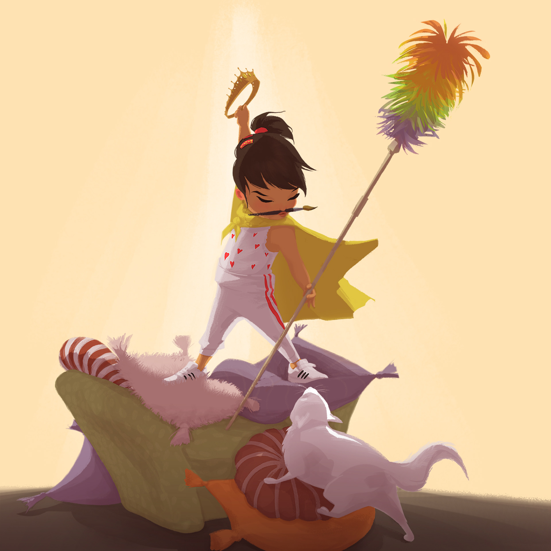 Illustration by Kristina Denadic: Playtime - Girl pretends to be Freddie Mercury and holds a concert for a cat.