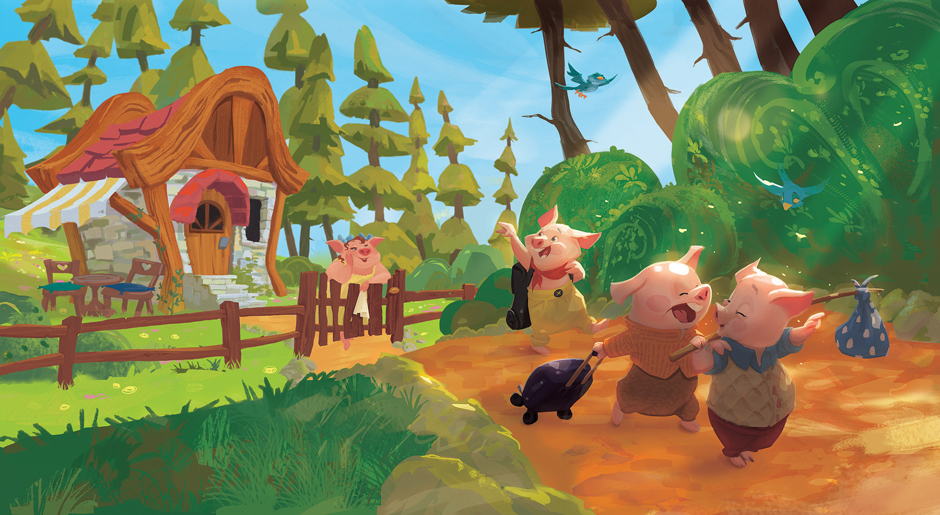 Classic tale three little pigs, children's book illustration