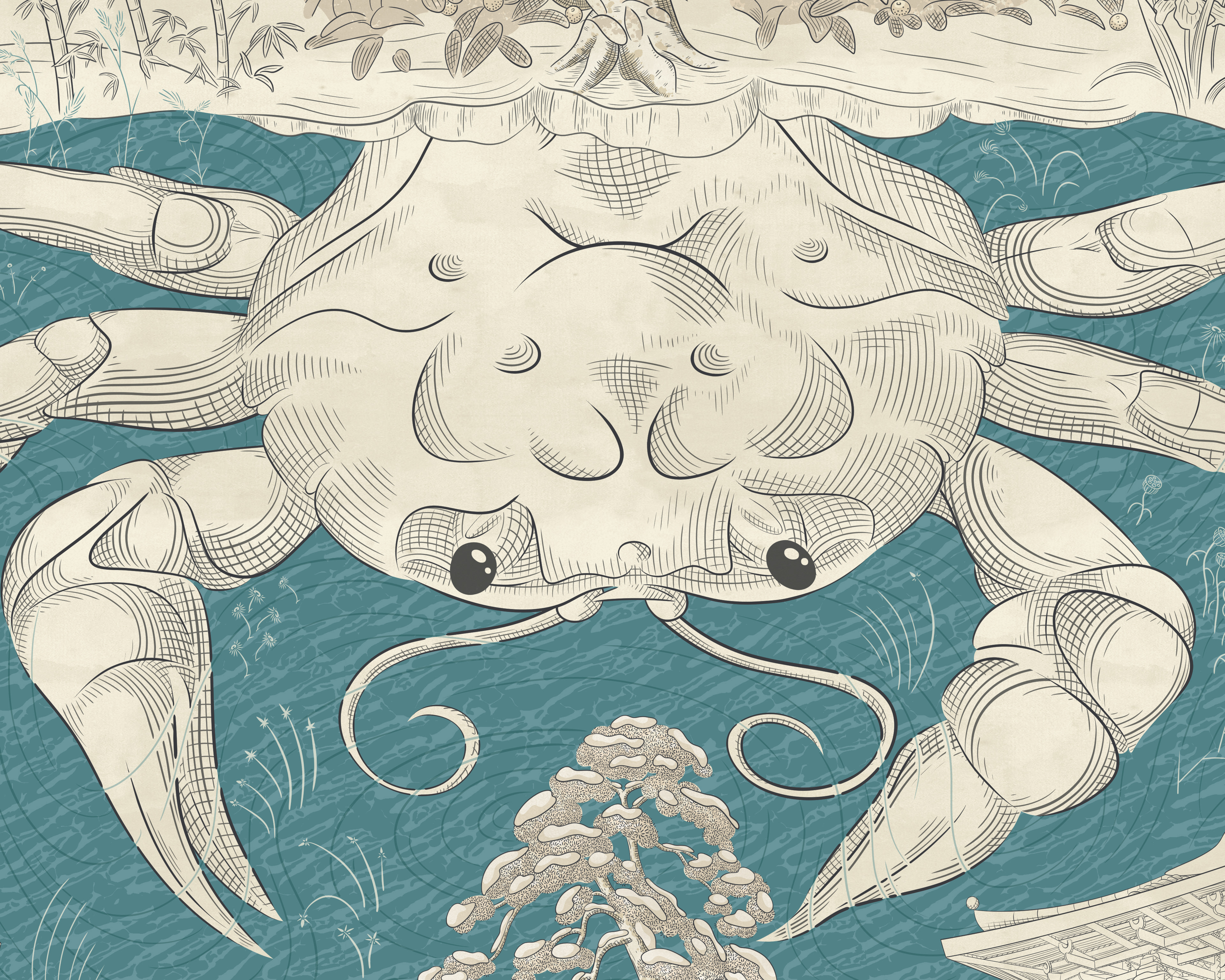Illustration of a giant samurai crab hiding underneath an island in a river.