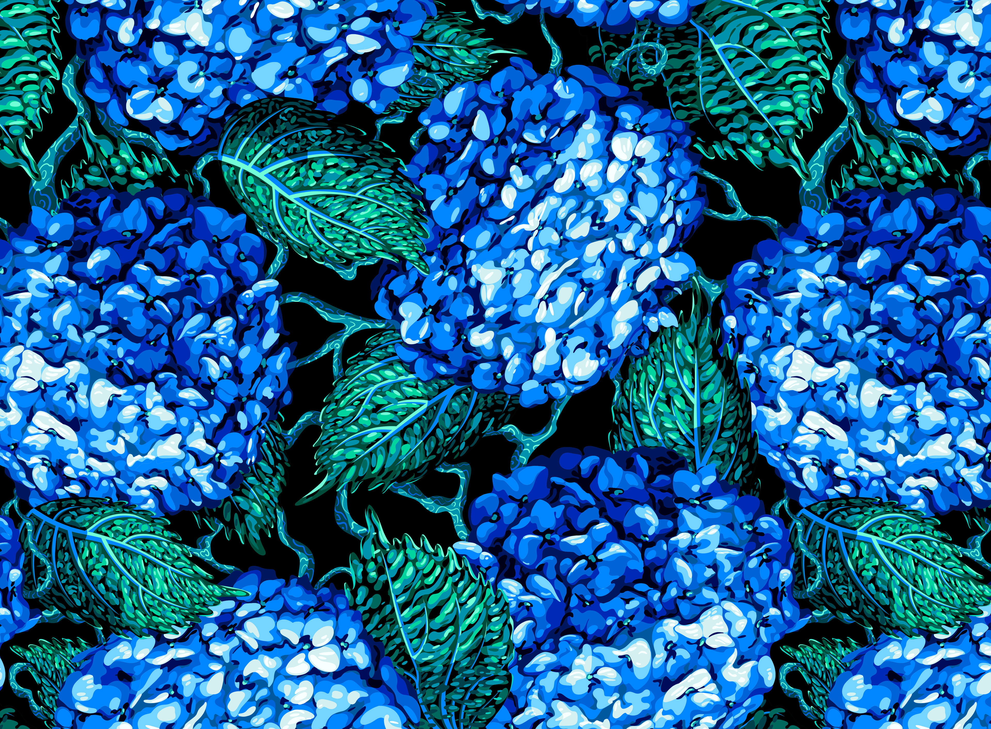 A pattern showing electric blue painted hydrangeas against a black background.