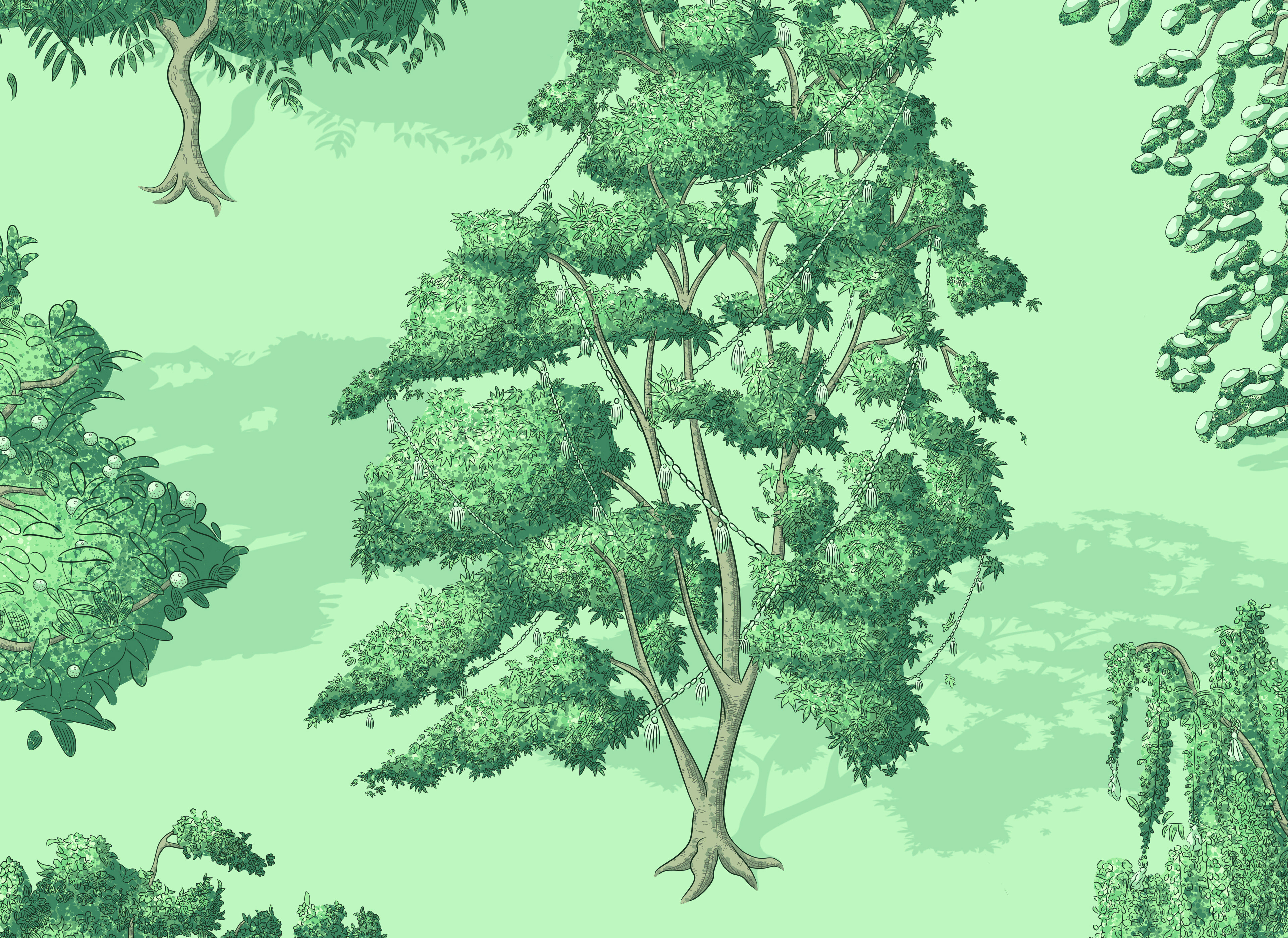 Fine art illustration pattern of a forest with lots of detail coloured in different shades of green.