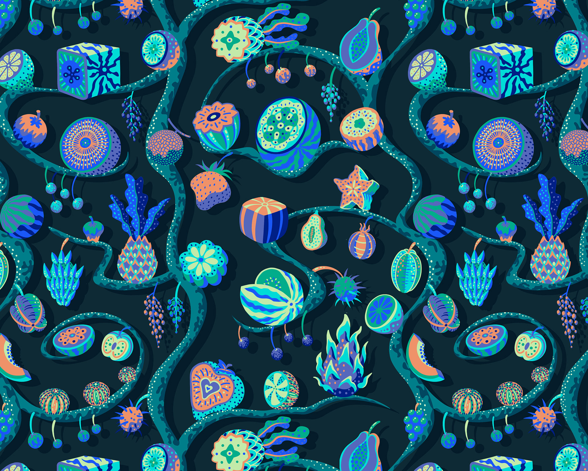 Digital art showing an array of characterful neon fruits growing out of a strange blue tree.