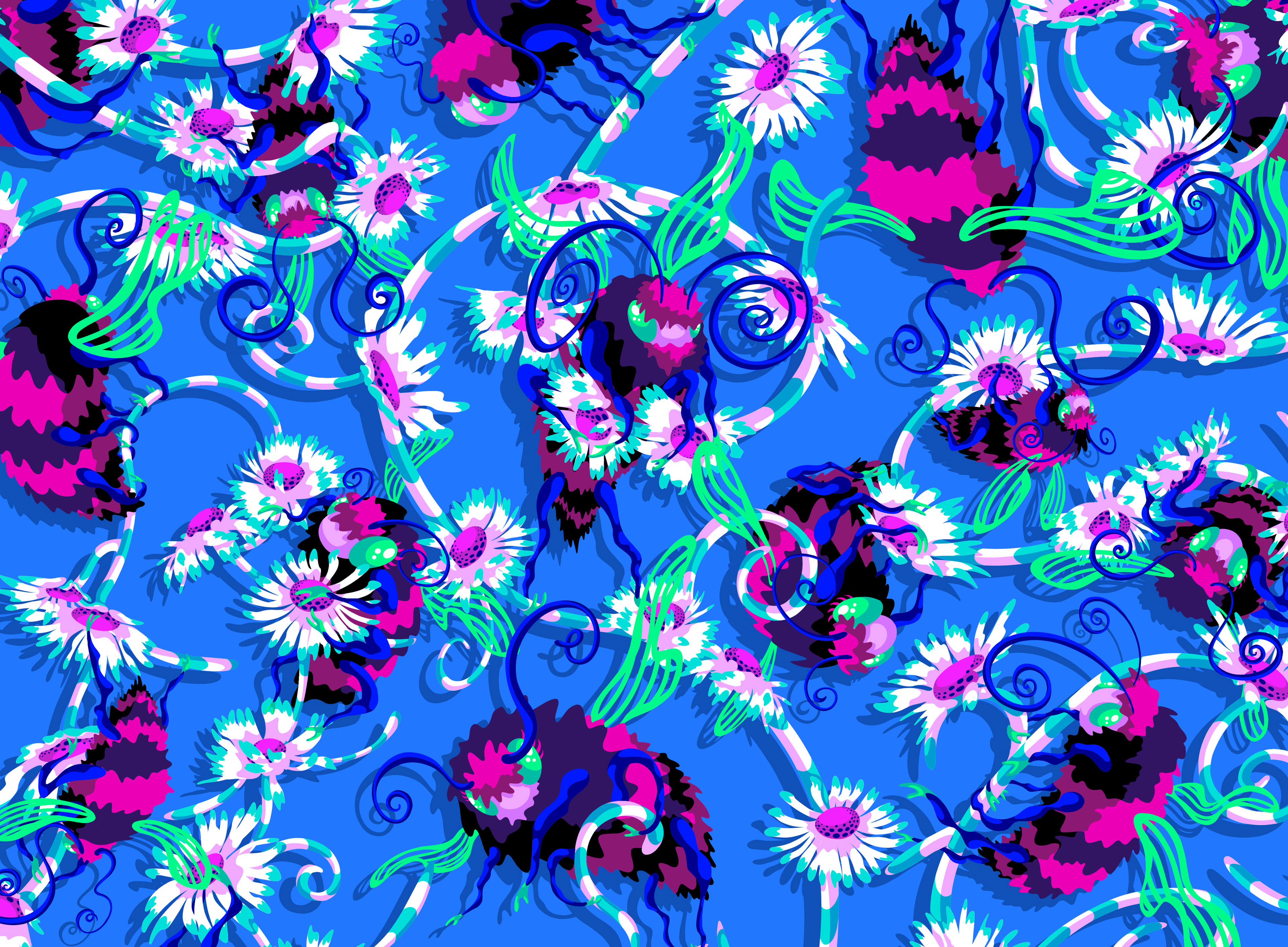 Digital pattern of red and purple bumble bees holding onto a giant daisy chain in front of a blue background.