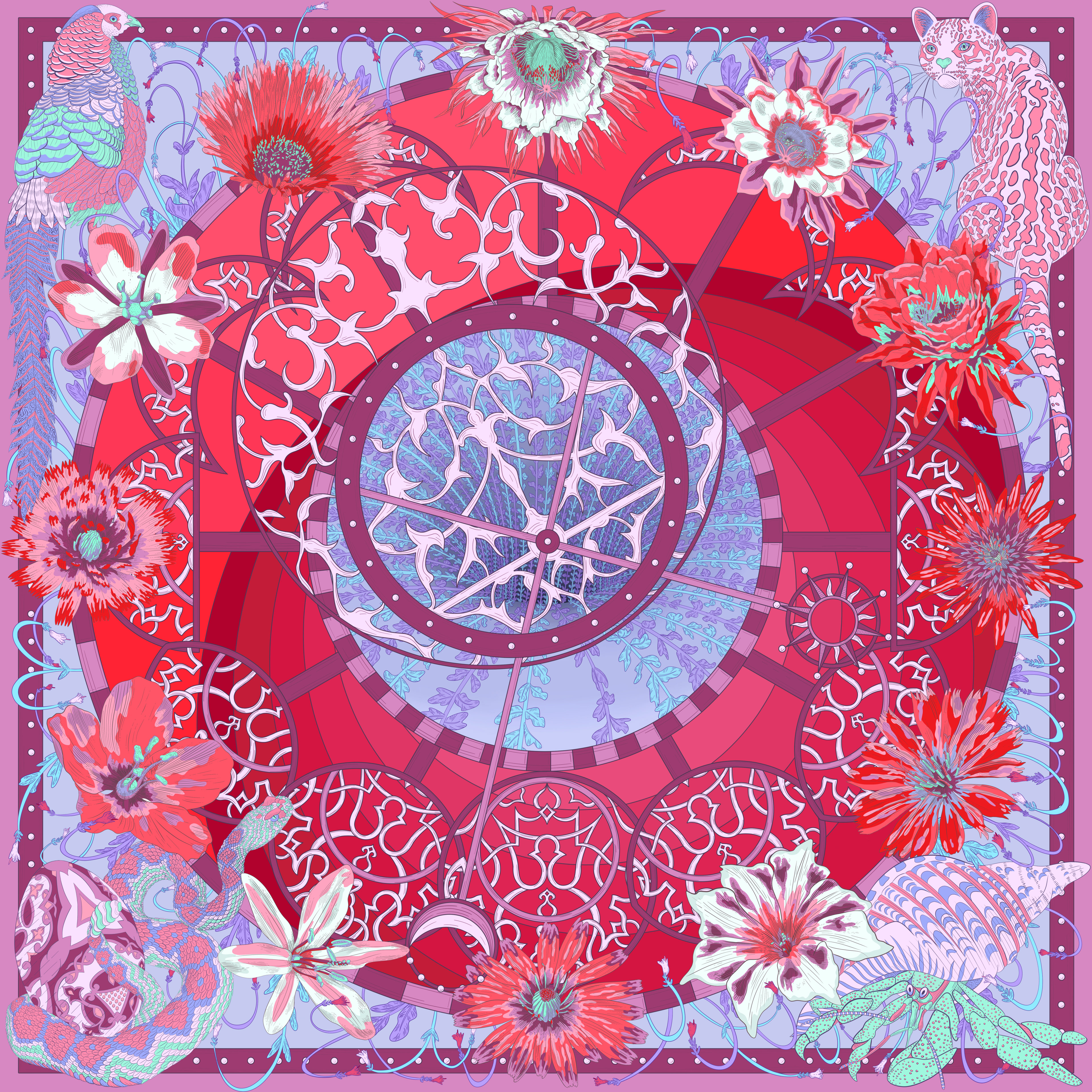 Digital illustration of silk scarf in a bold red colourway featuring a bird, cat, crab and snake.