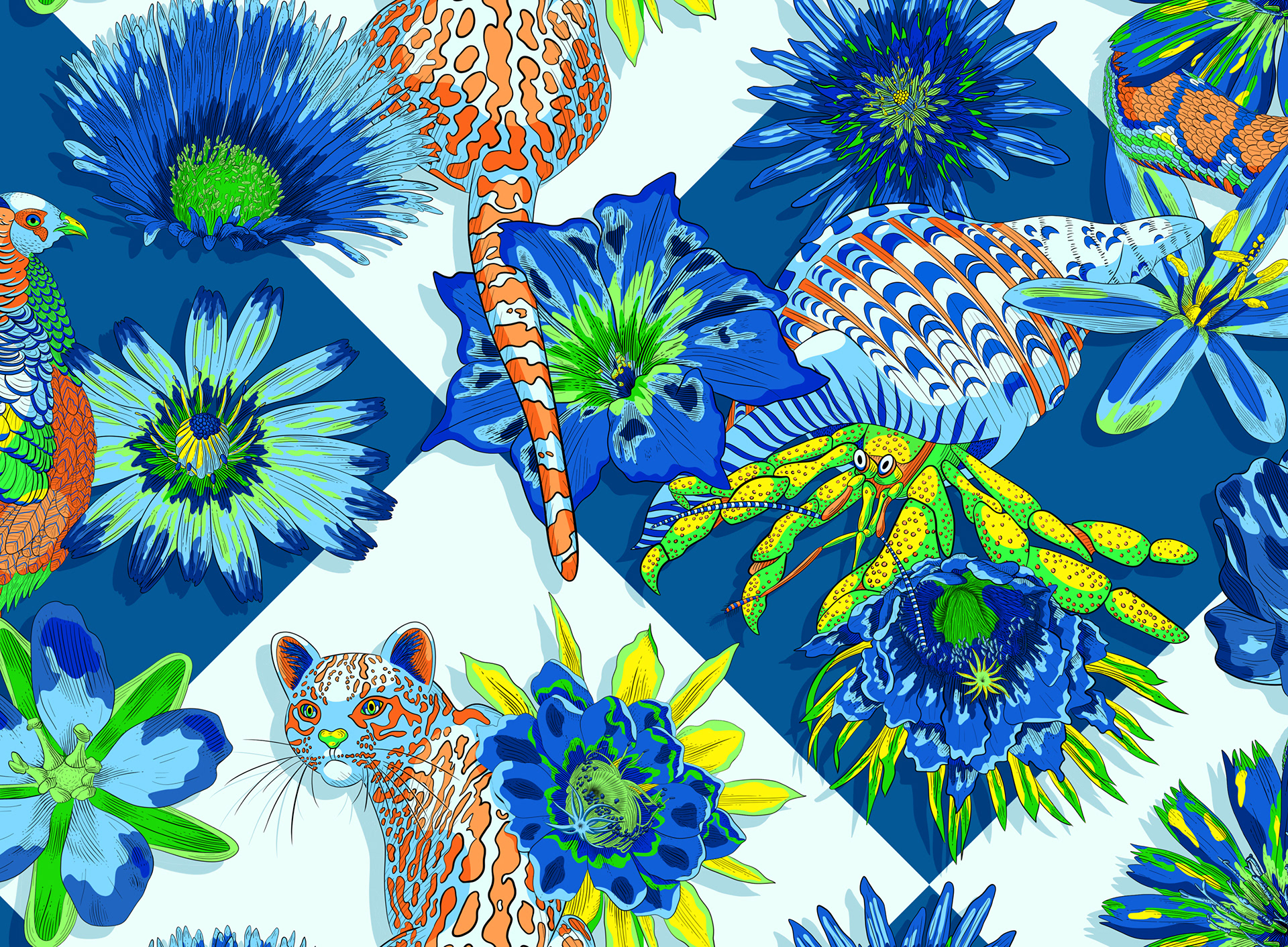 Illustrated pattern showing a yellow hermit crab in front of a tiled background surrounded by flowers.