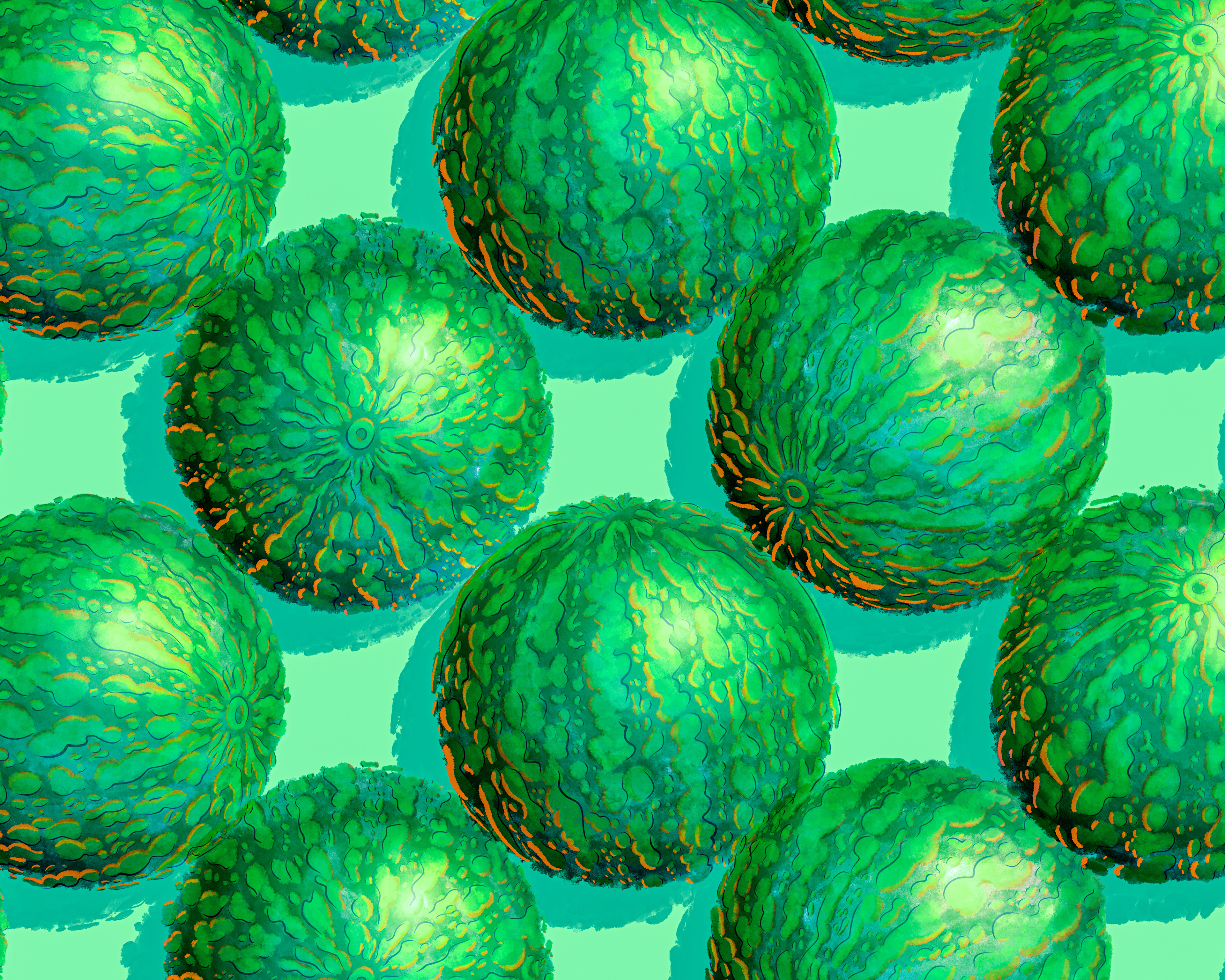 Watercolour pattern showing a stack of green watermelons piled on top of one another in green.