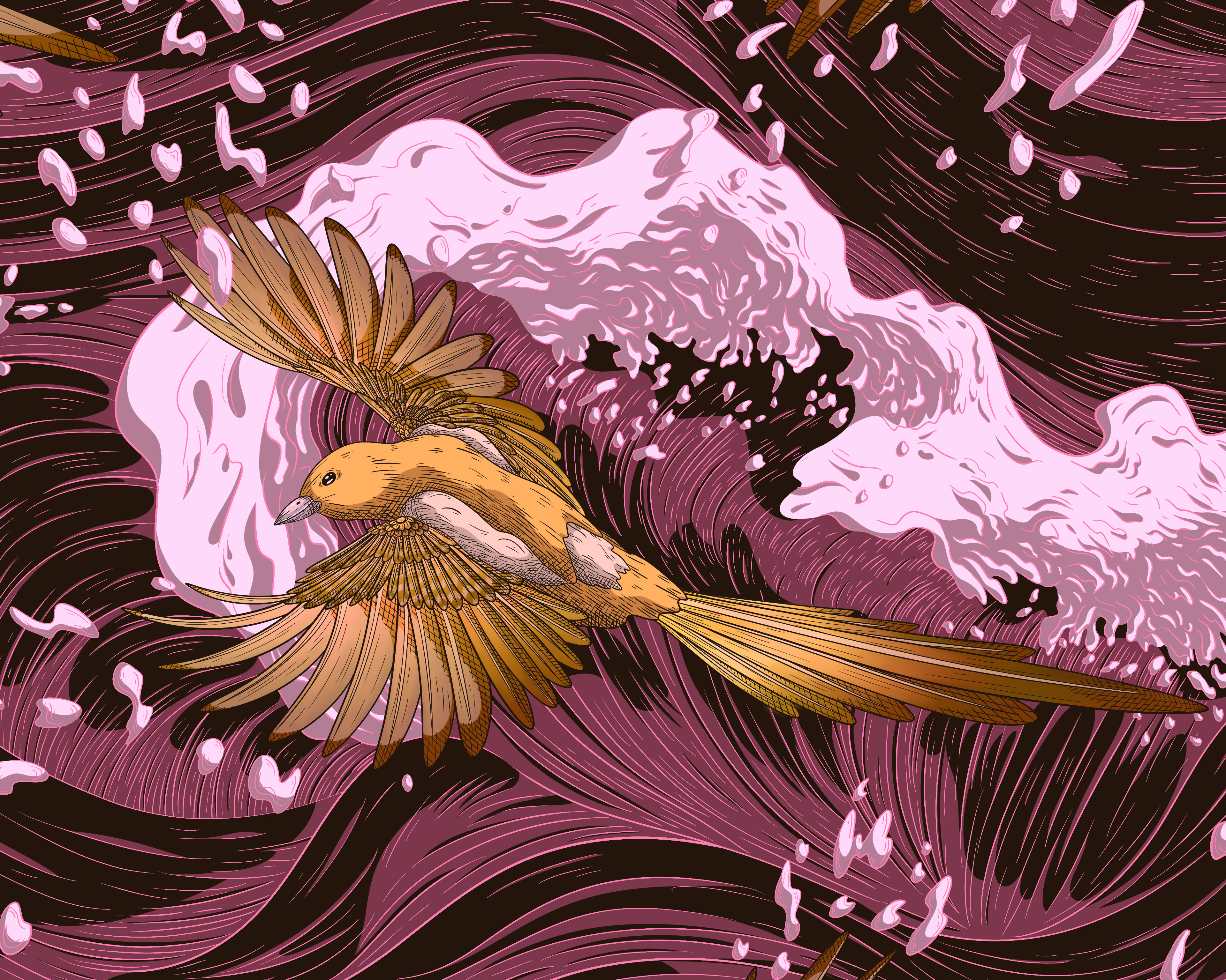 Illustration of a metallic gold magpie gliding in the middle of a curling wine coloured wave.