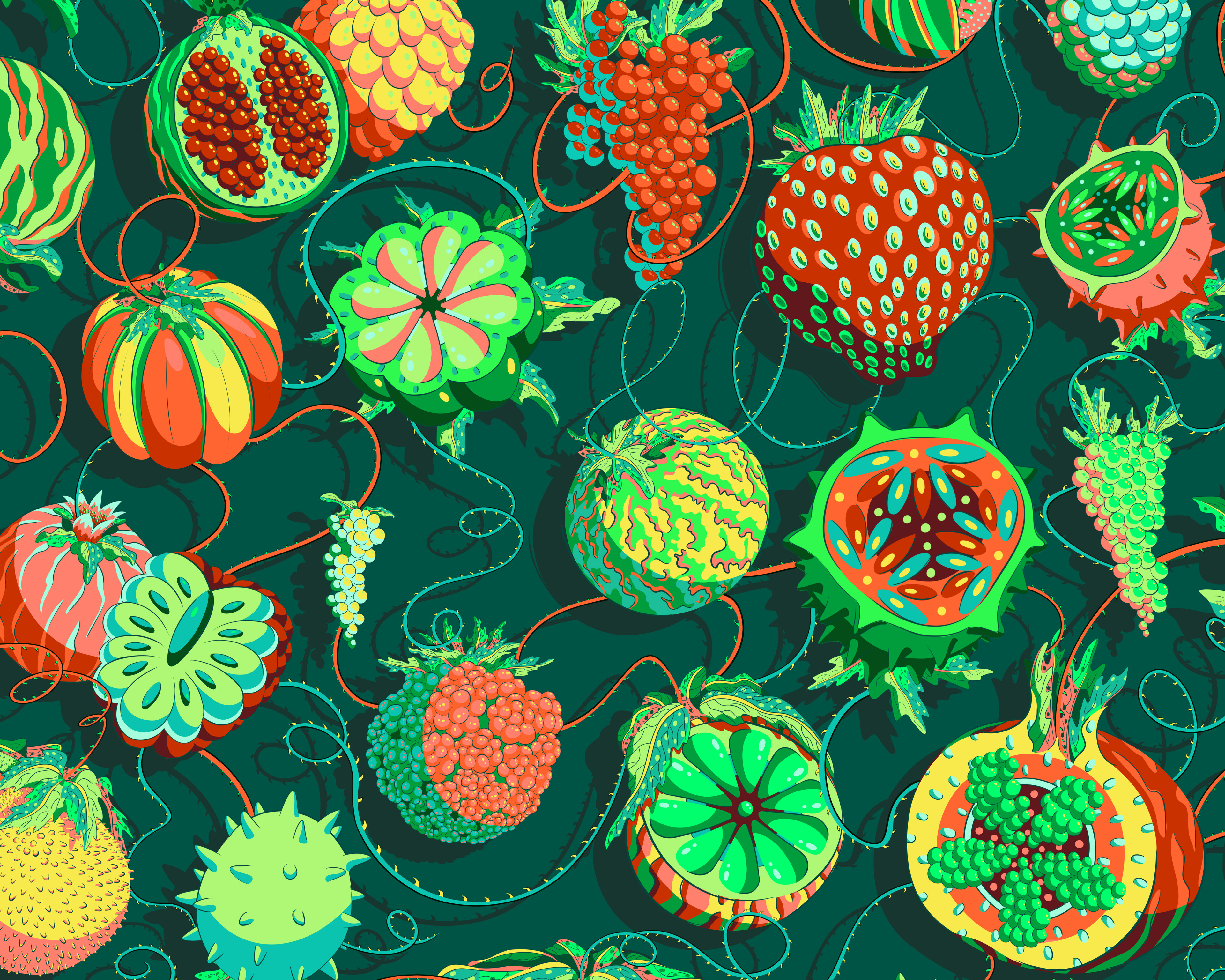 Illustration of sumptuous green and orange fruits in fresh autumnal colours.