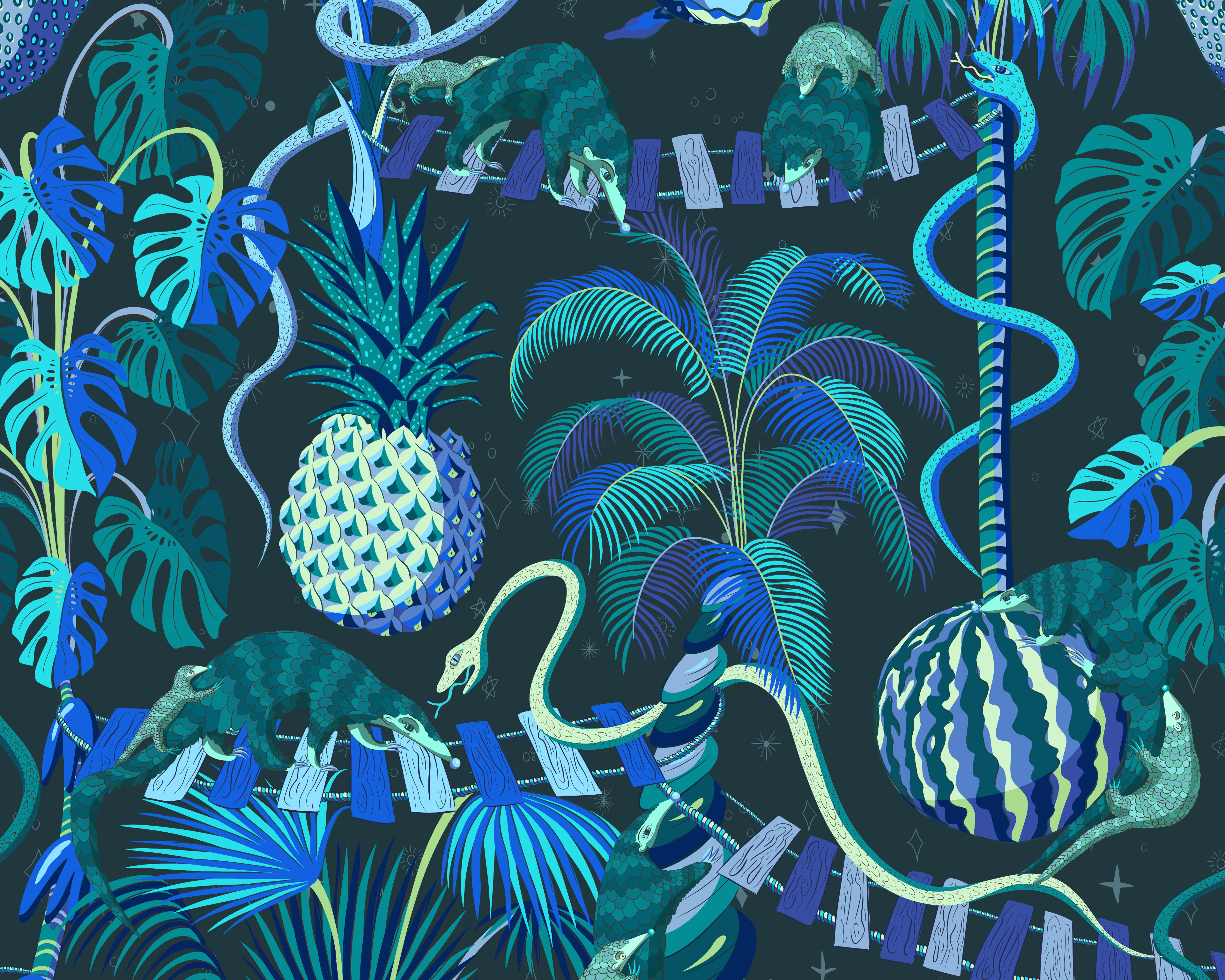 Dark navy tropical jungle wallpaper with a floating pineapple, pangolins and giant leaves.