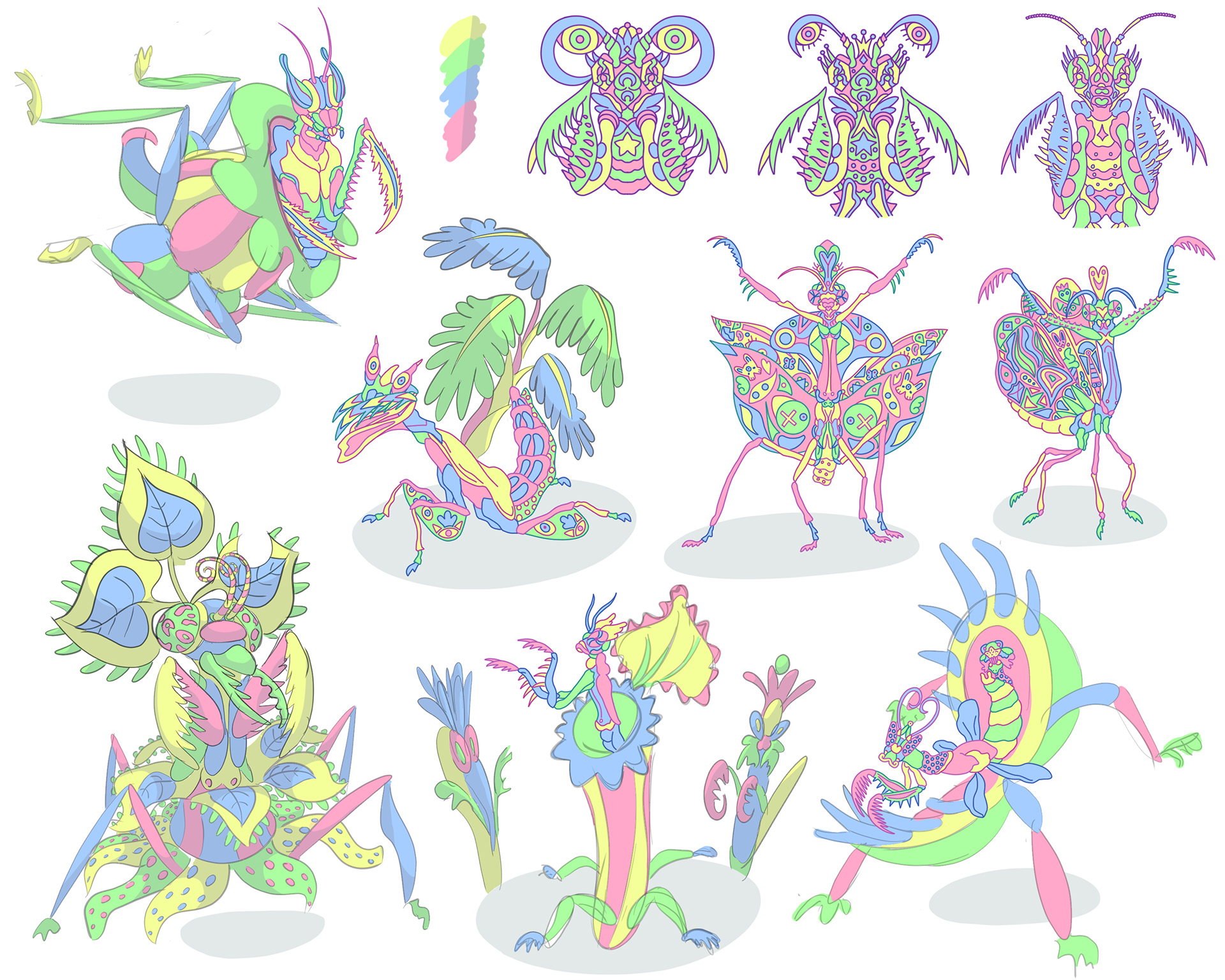 Work in progress sketches of praying mantis character design concepts for a videogame.