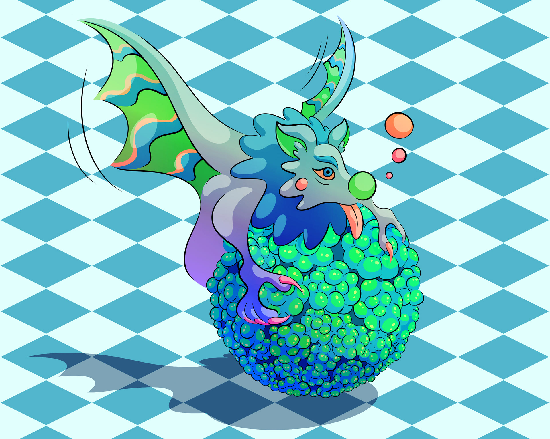 Illustration of a strange toxic gargoyle mixed with a flying fox blowing neon orange bubbles.