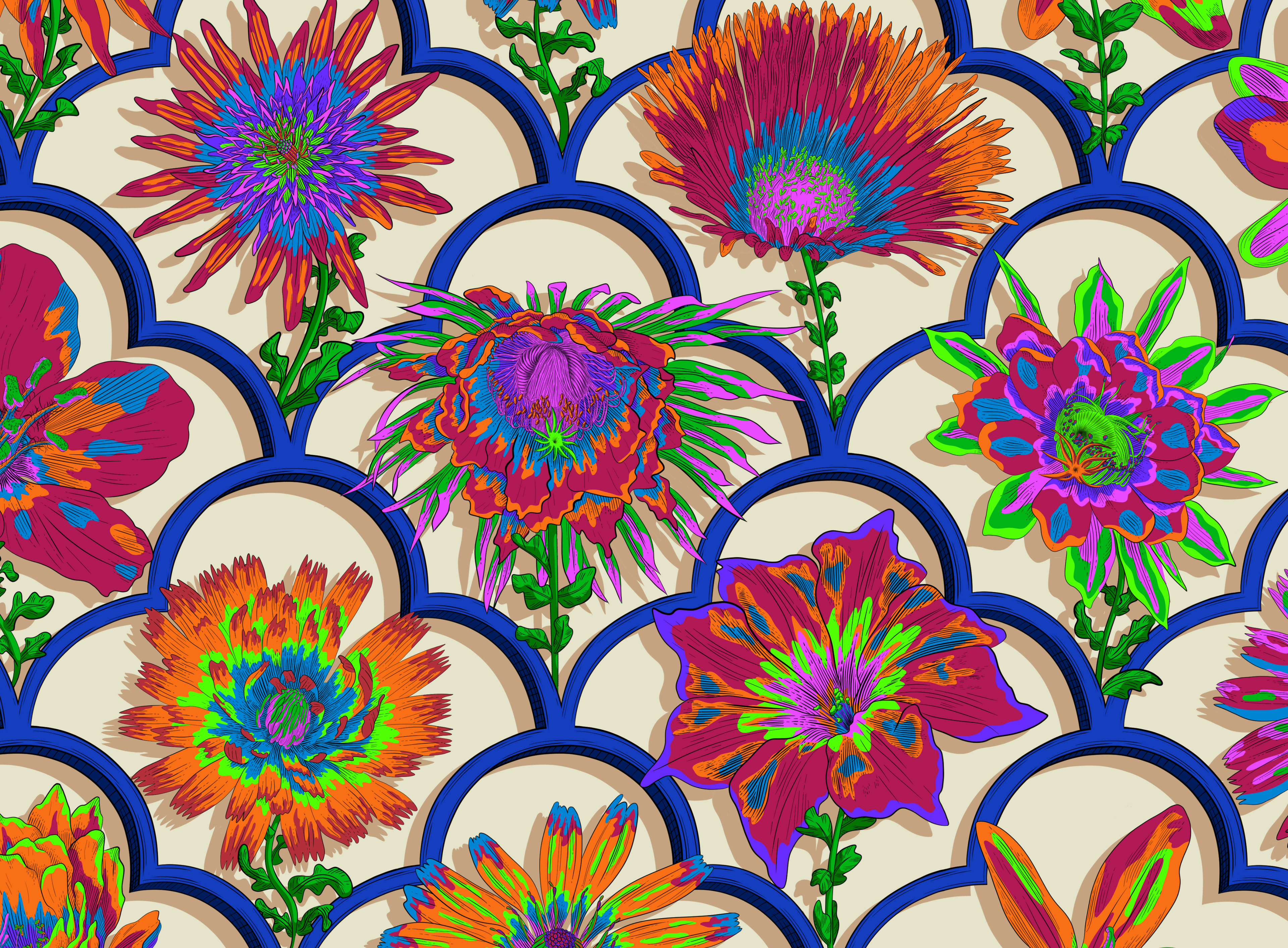 Bold multi-coloured floral pattern with a blue garden trellis.